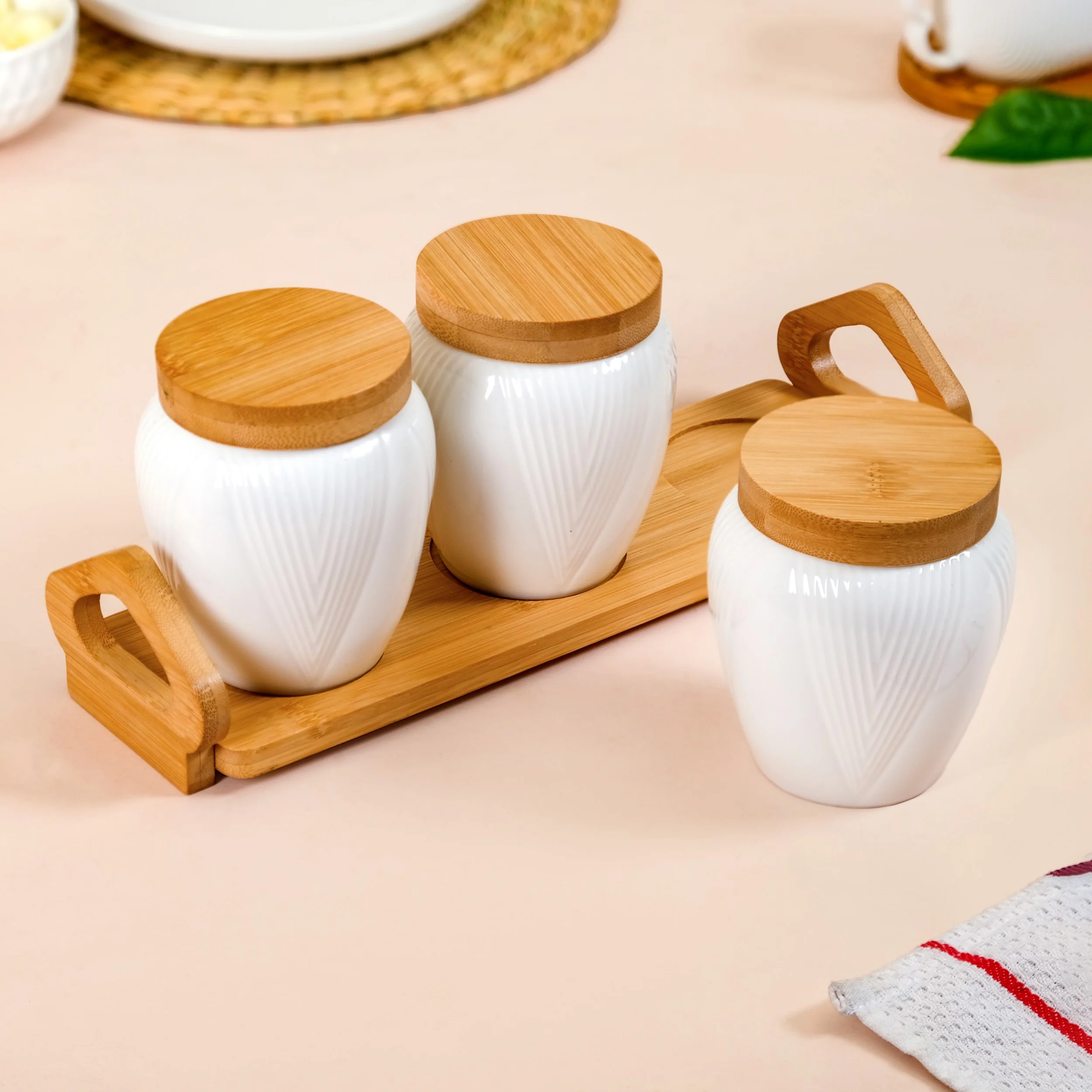 Blanca Set Of 3 Airtight Ceramic Jars With Lids And Wooden Tray - Image 9