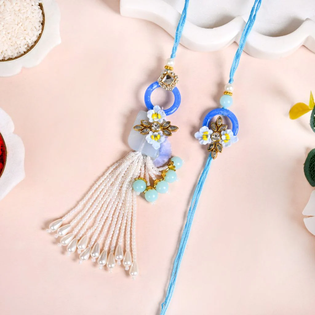 Bloom Bond Rakhi Lumba Set In Blue - Image 7