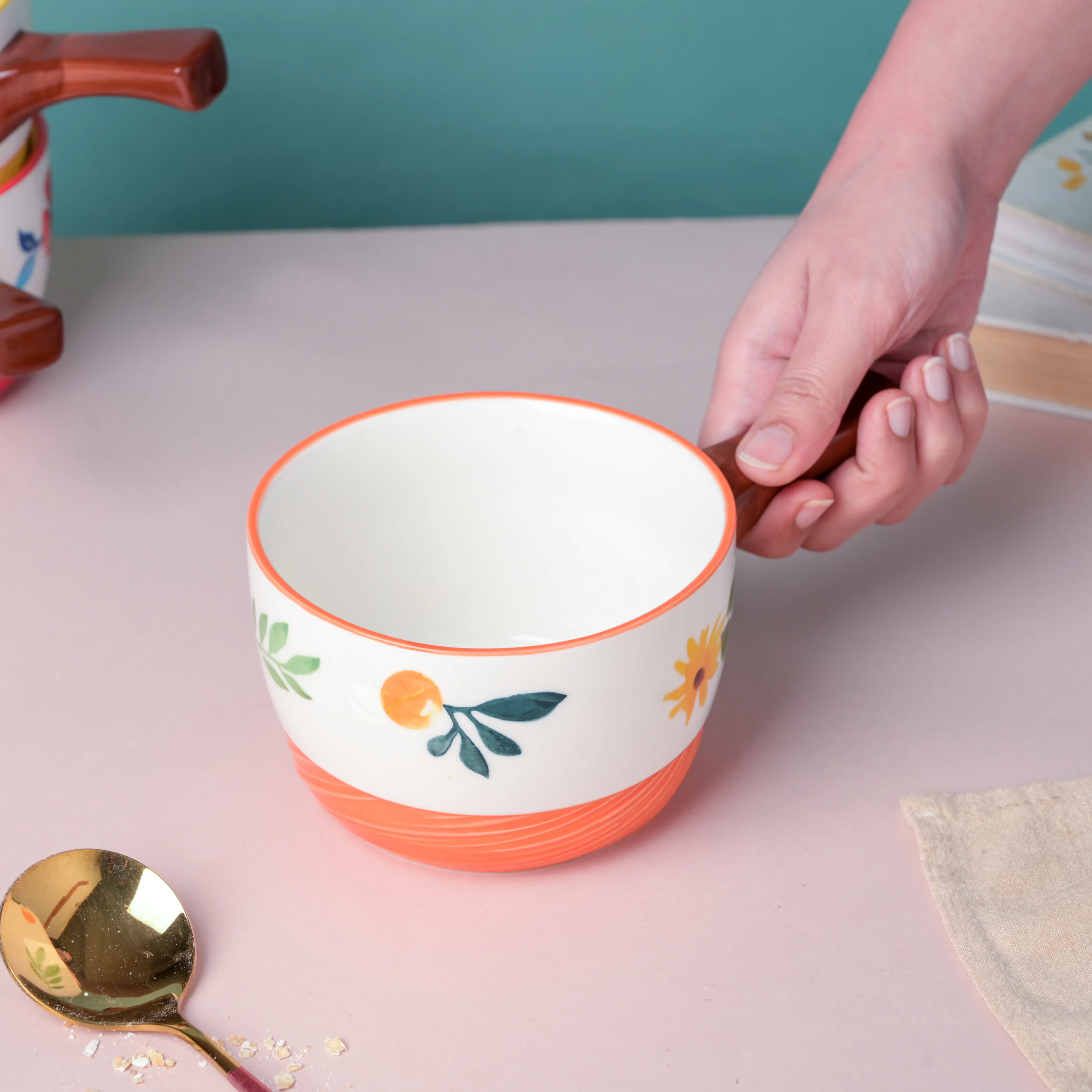 Bloom Orange Ceramic Pot With Handle - Image 2