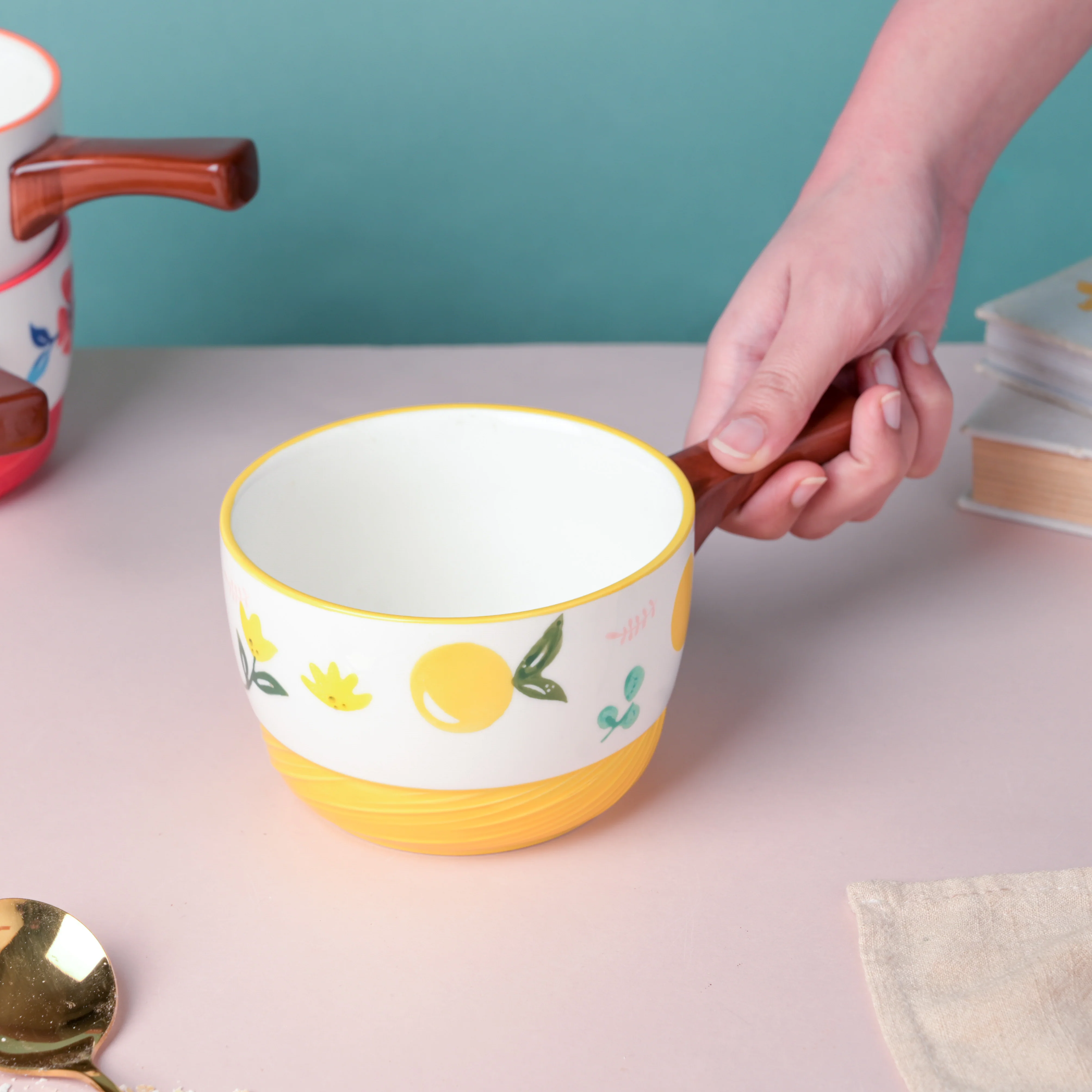 Bloom Yellow Ceramic Pot With Handle - Image 2