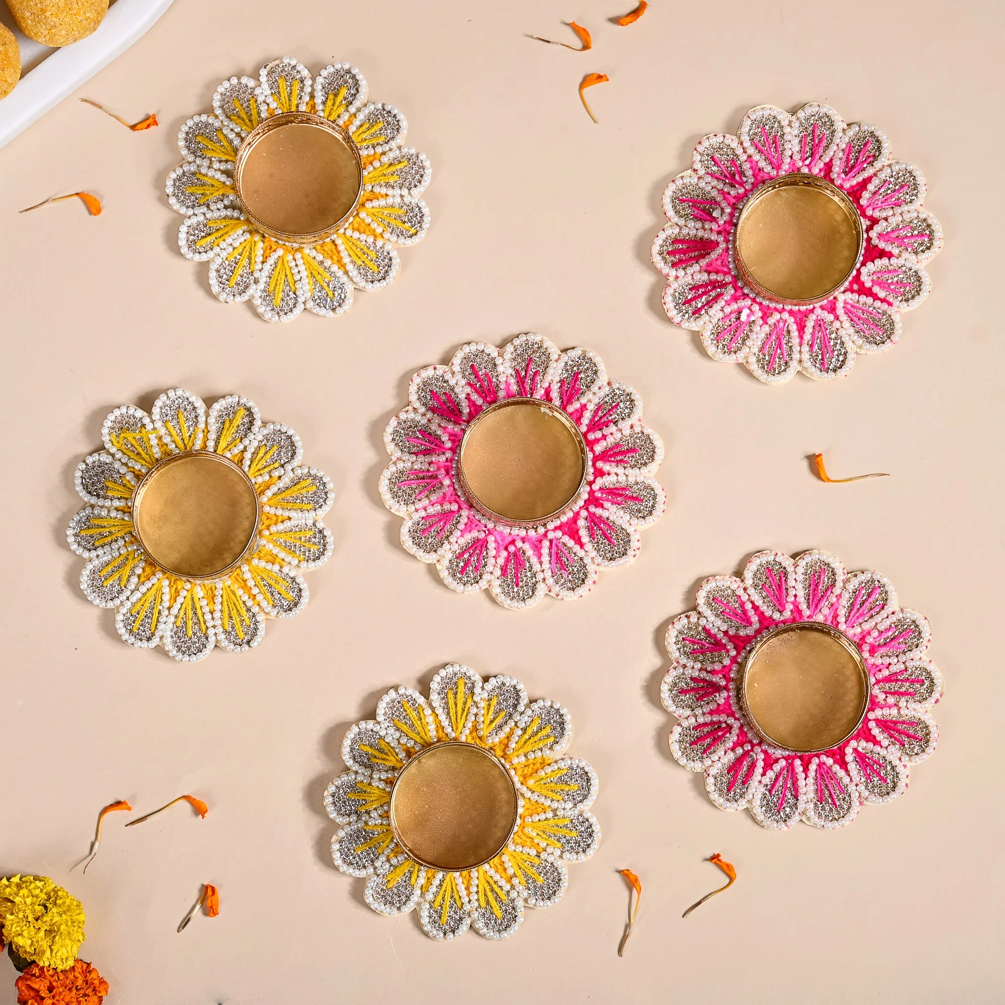 Blossom Tea Light Holder With Pearl Embellishment Set Of 6 - Image 3