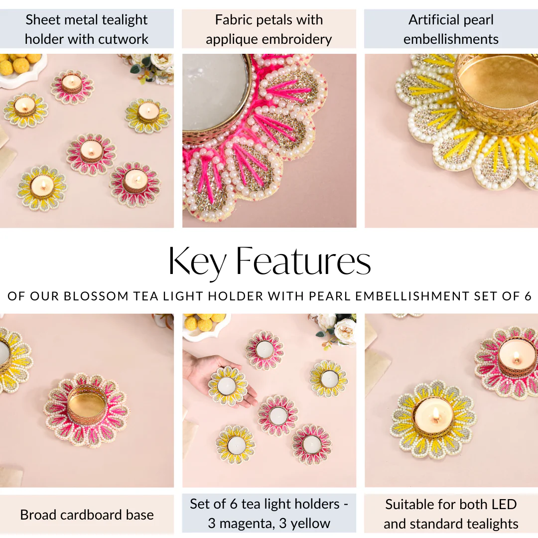Blossom Tea Light Holder With Pearl Embellishment Set Of 6 - Image 5