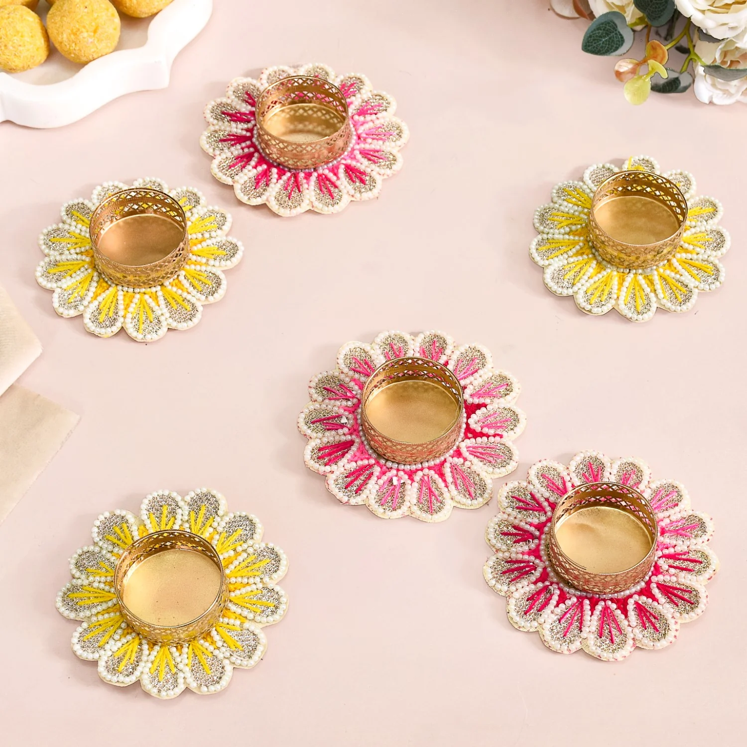 Blossom Tea Light Holder With Pearl Embellishment Set Of 6 - Image 6