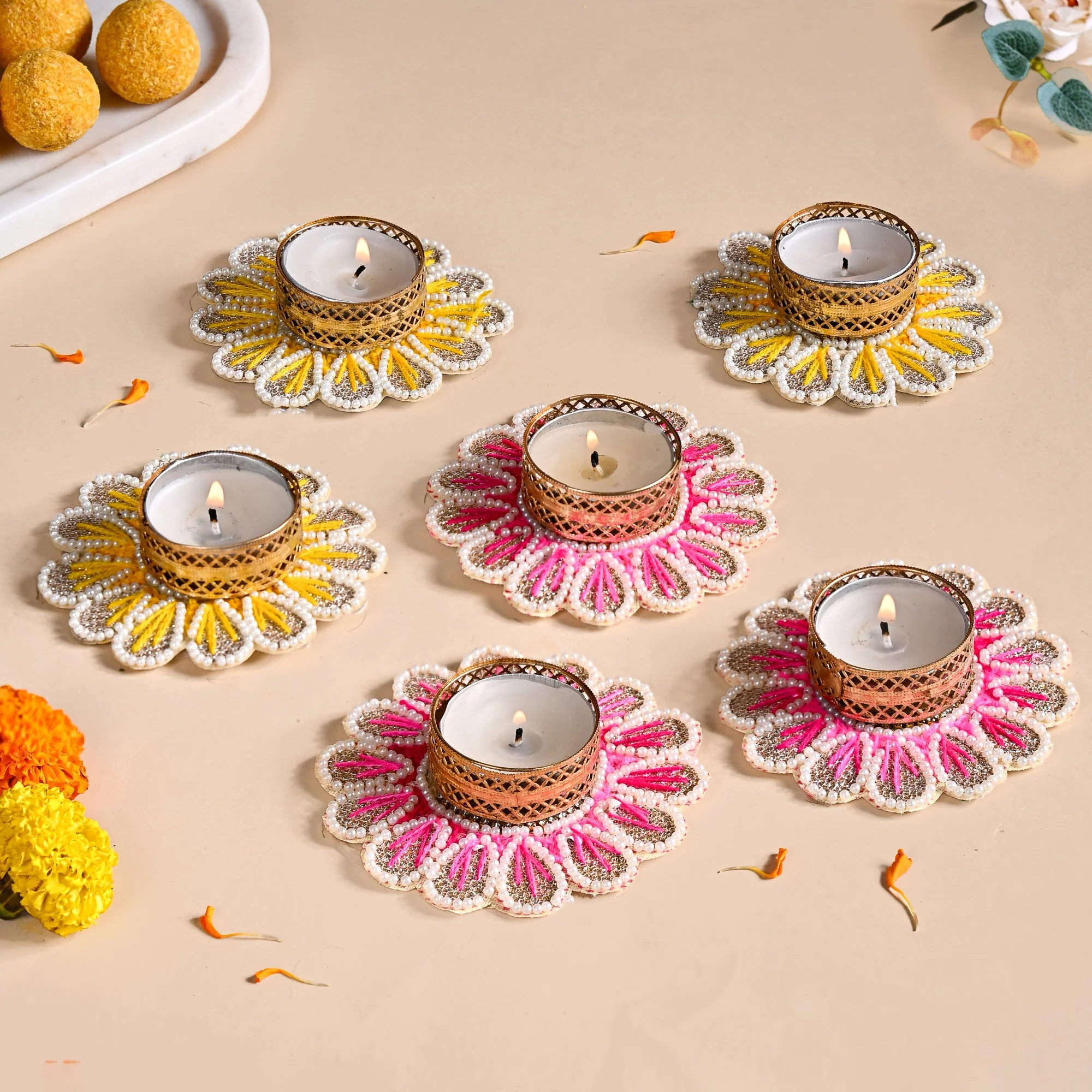 Blossom Tea Light Holder With Pearl Embellishment Set Of 6 - Image 7