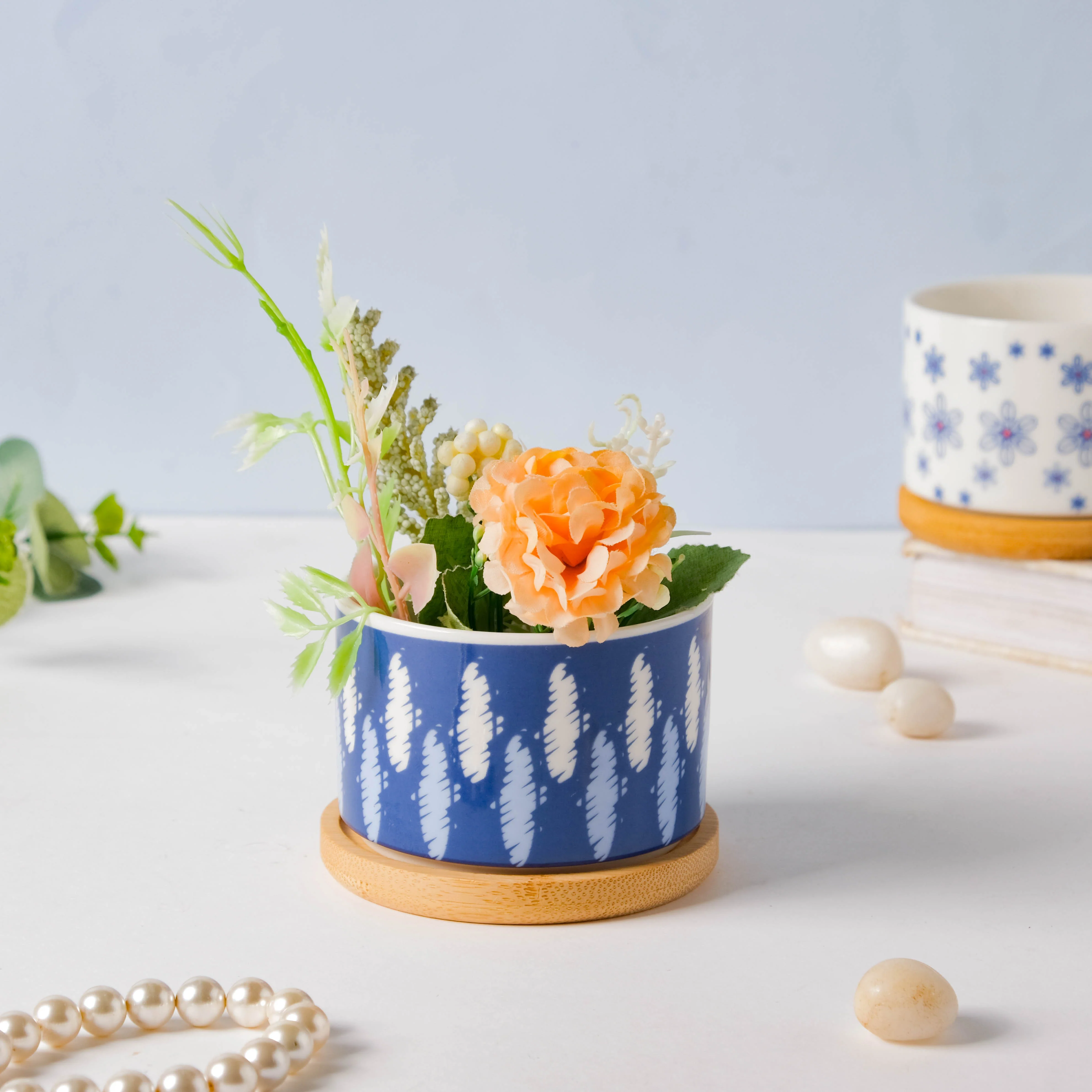 Blue Abstract Japanese Planter And Wooden Coaster - Image 3
