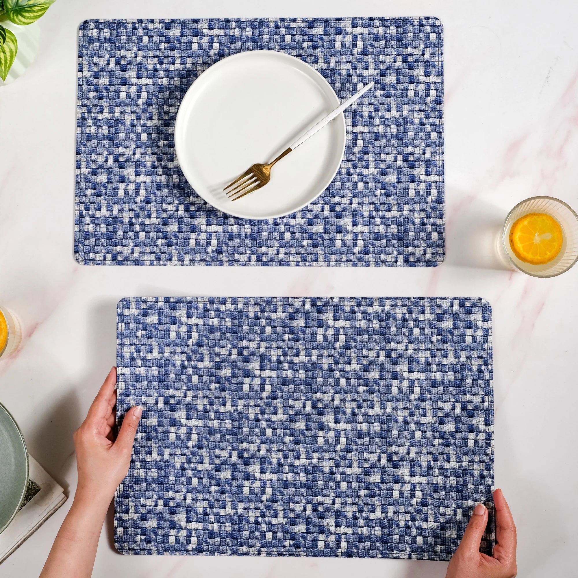 Blue And White Intrecciato Weave Rectangular Table Mat Set Of 6 - Image 2