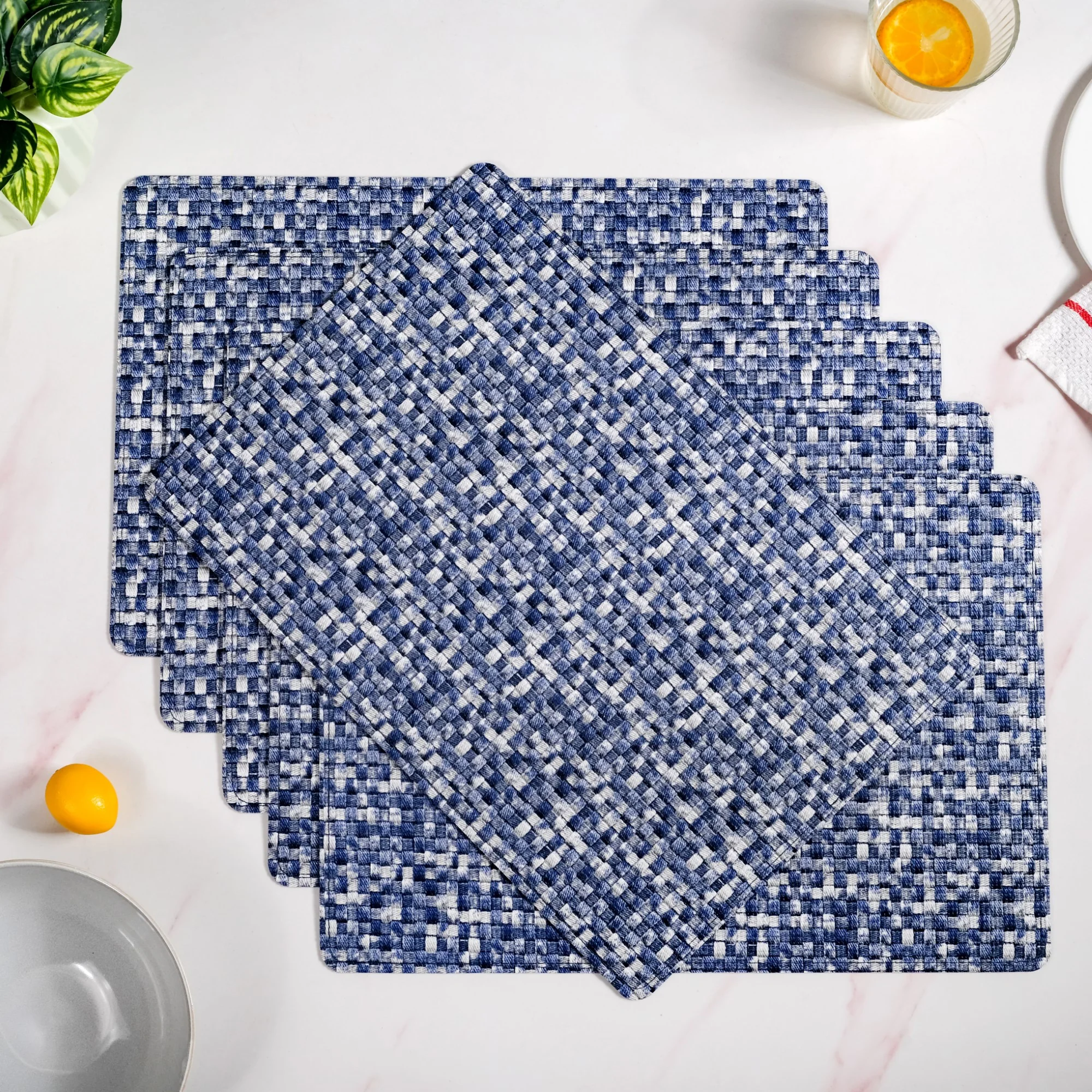Blue And White Intrecciato Weave Rectangular Table Mat Set Of 6 - Image 6
