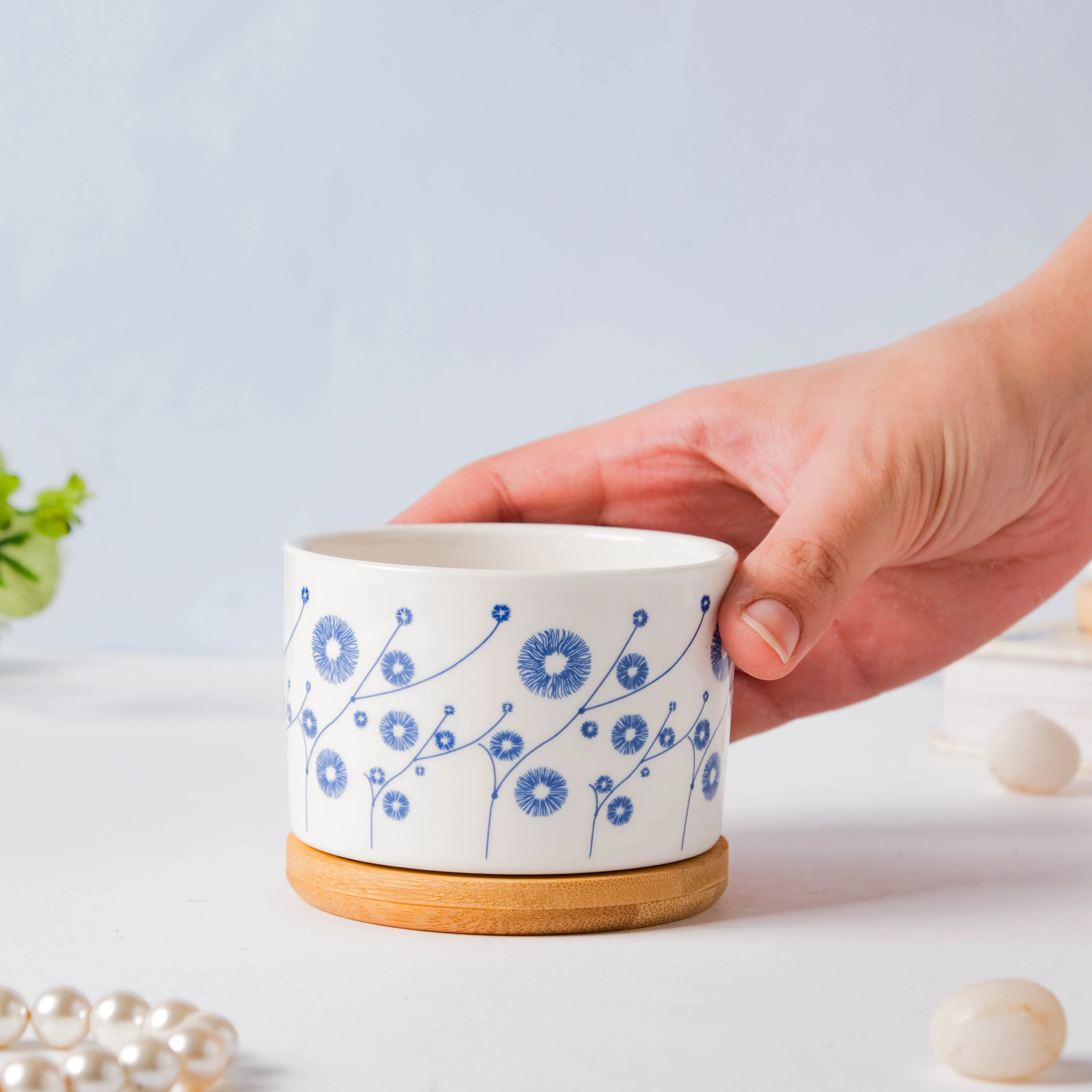 Blue Aster Japanese Planter With Wooden Coaster - Image 2