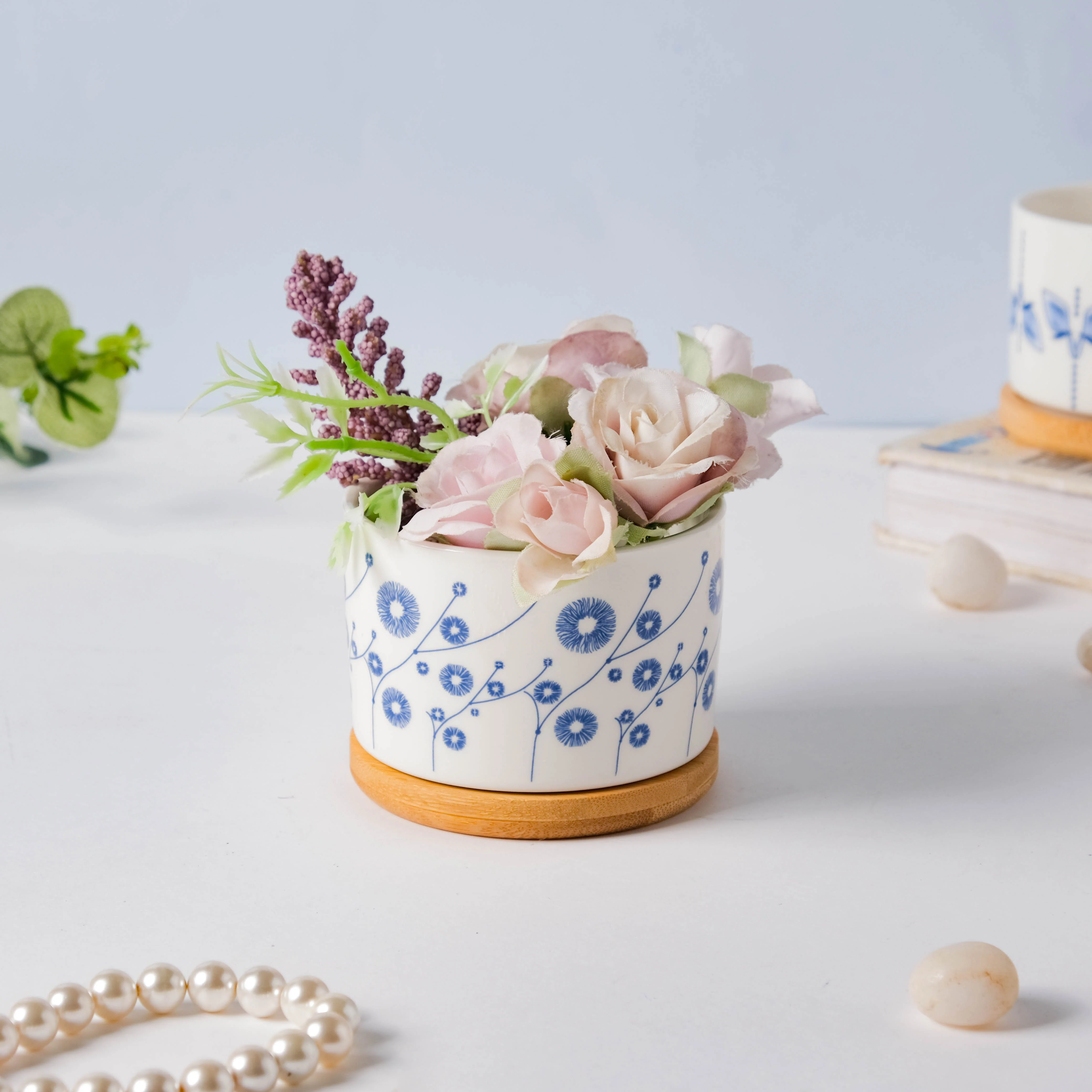 Blue Aster Japanese Planter With Wooden Coaster - Image 3