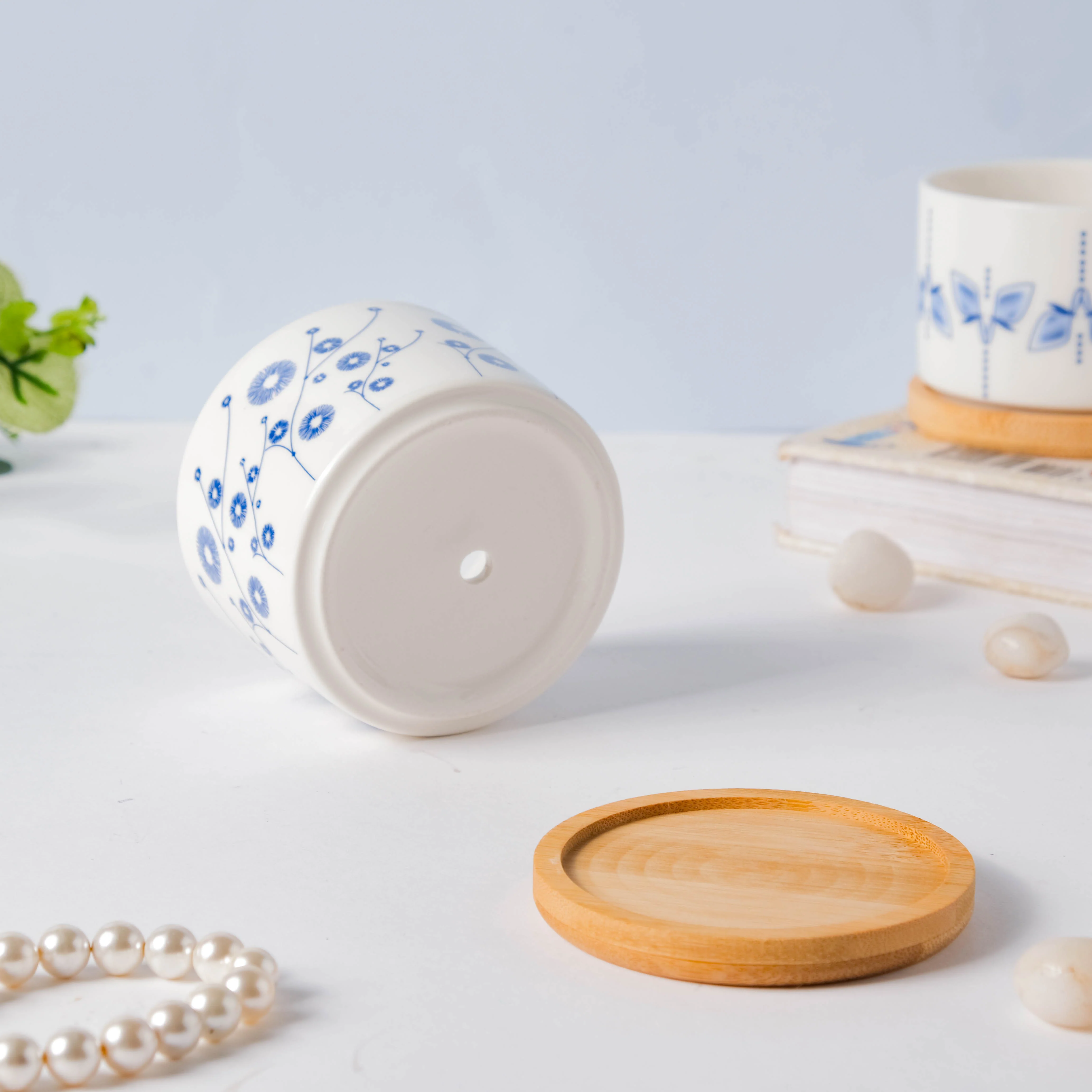 Blue Aster Japanese Planter With Wooden Coaster - Image 8