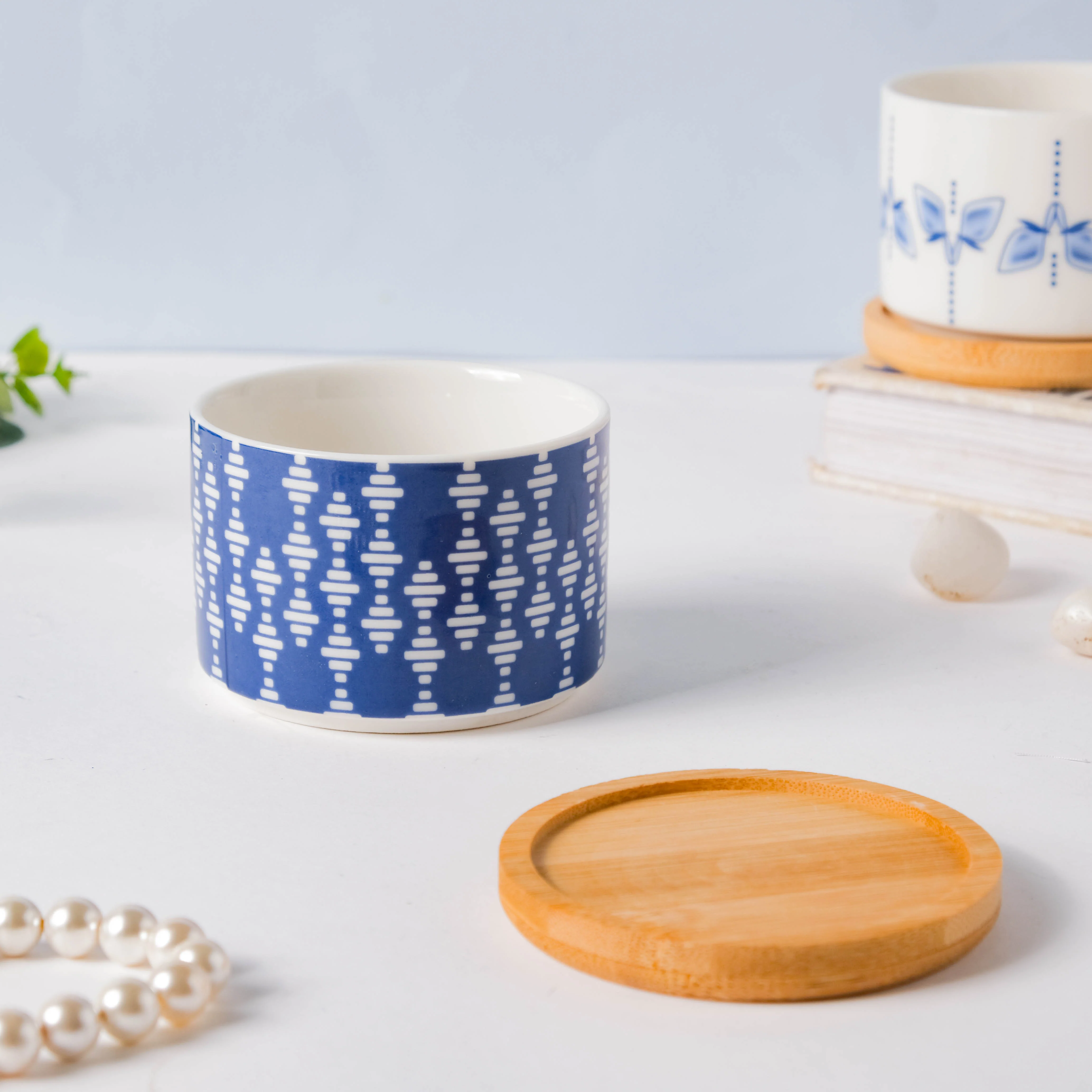 Blue Curtain Printed White Pattern Planter With Coaster - Image 5