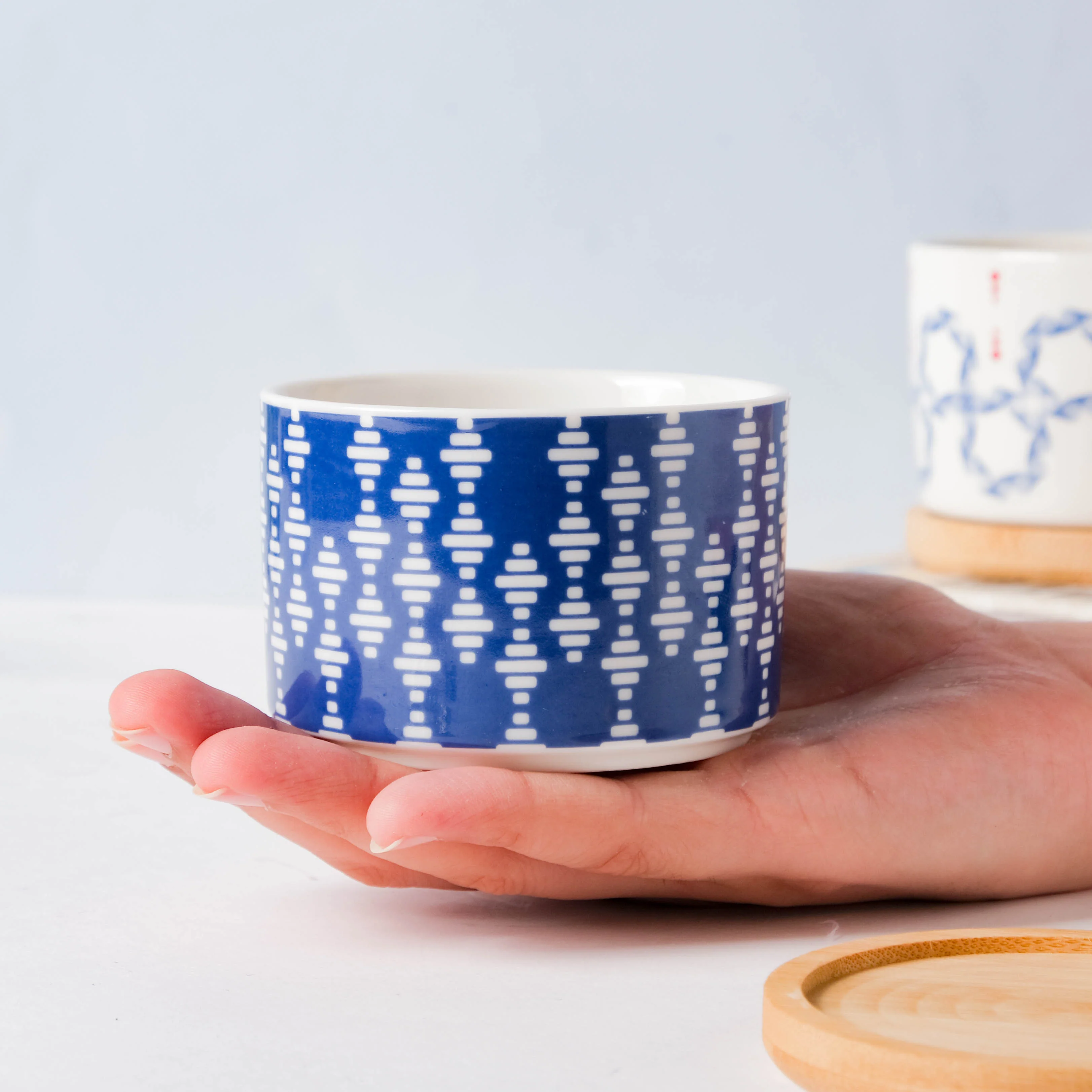 Blue Curtain Printed White Pattern Planter With Coaster - Image 6