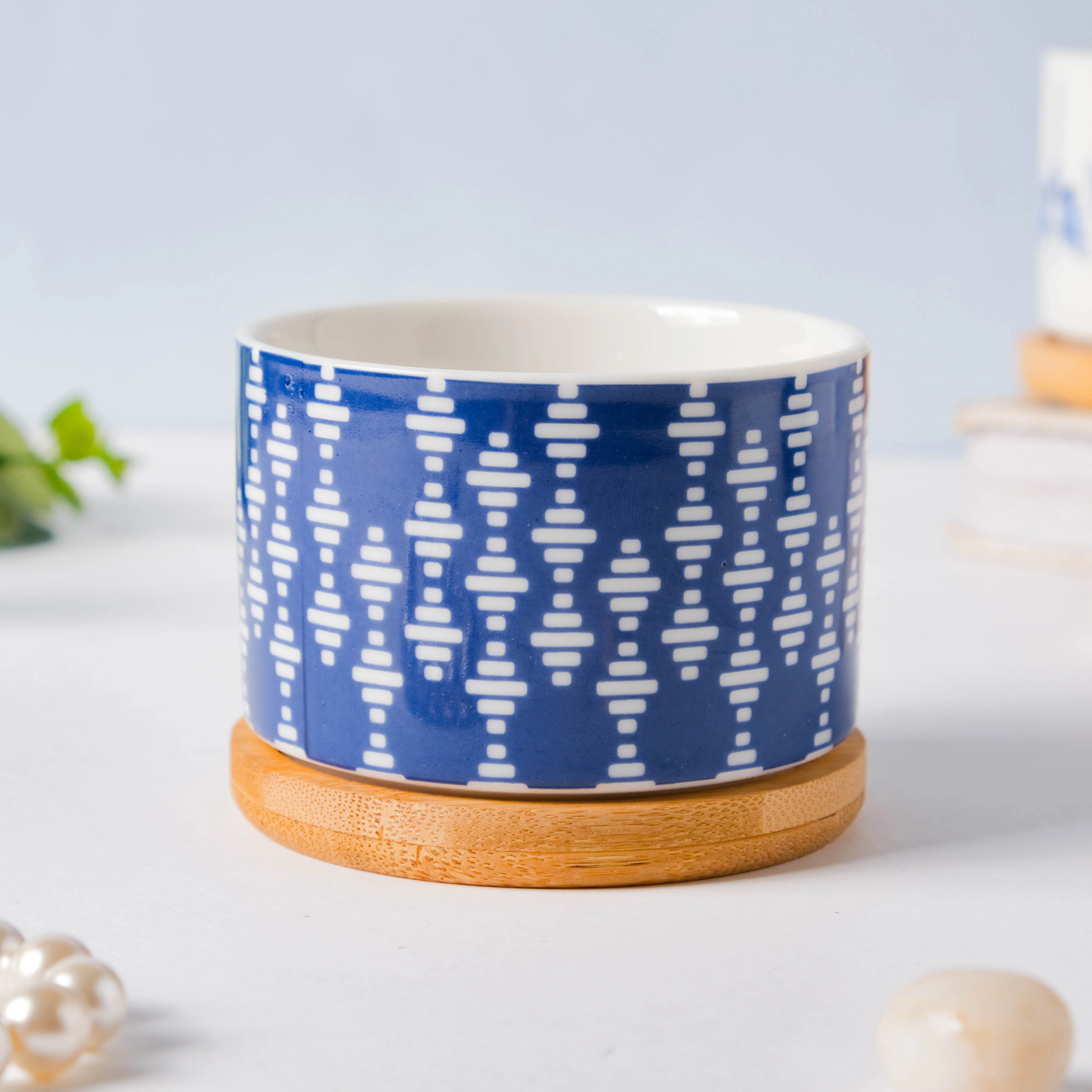 Blue Curtain Printed White Pattern Planter With Coaster - Image 7