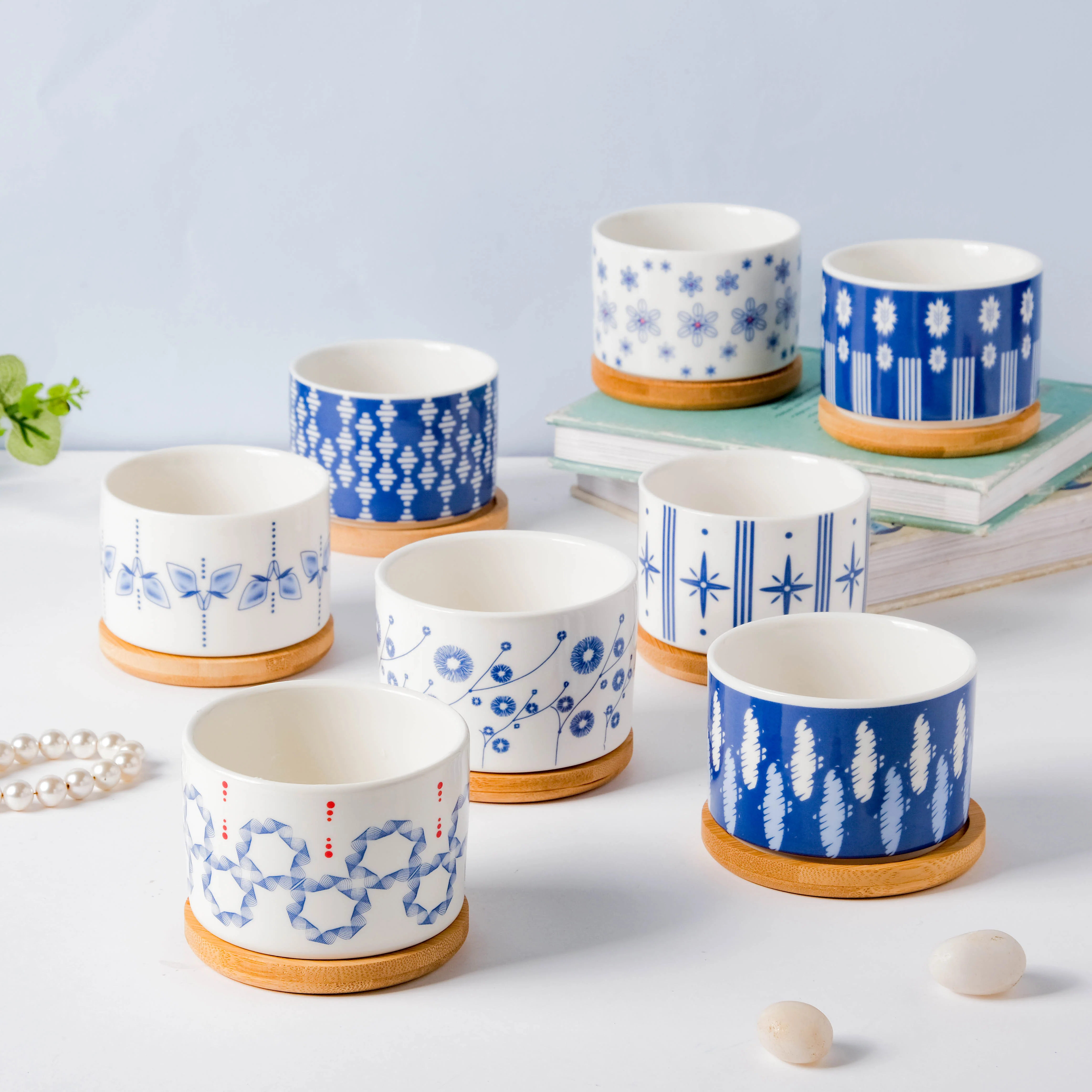 Blue Curtain Printed White Pattern Planter With Coaster - Image 9