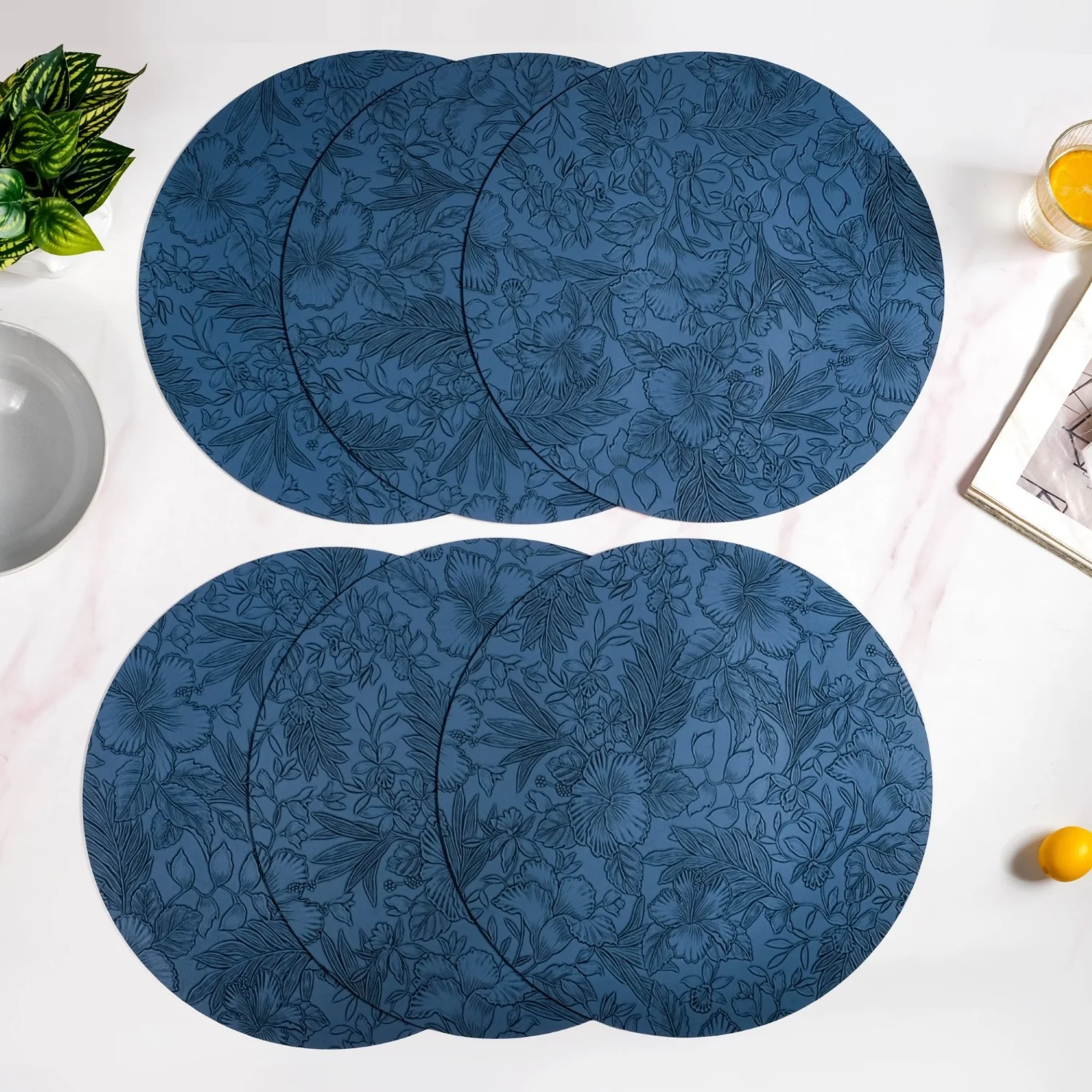 Blue Embossed Hibiscus Round Placemats Set Of 6 - Image 6