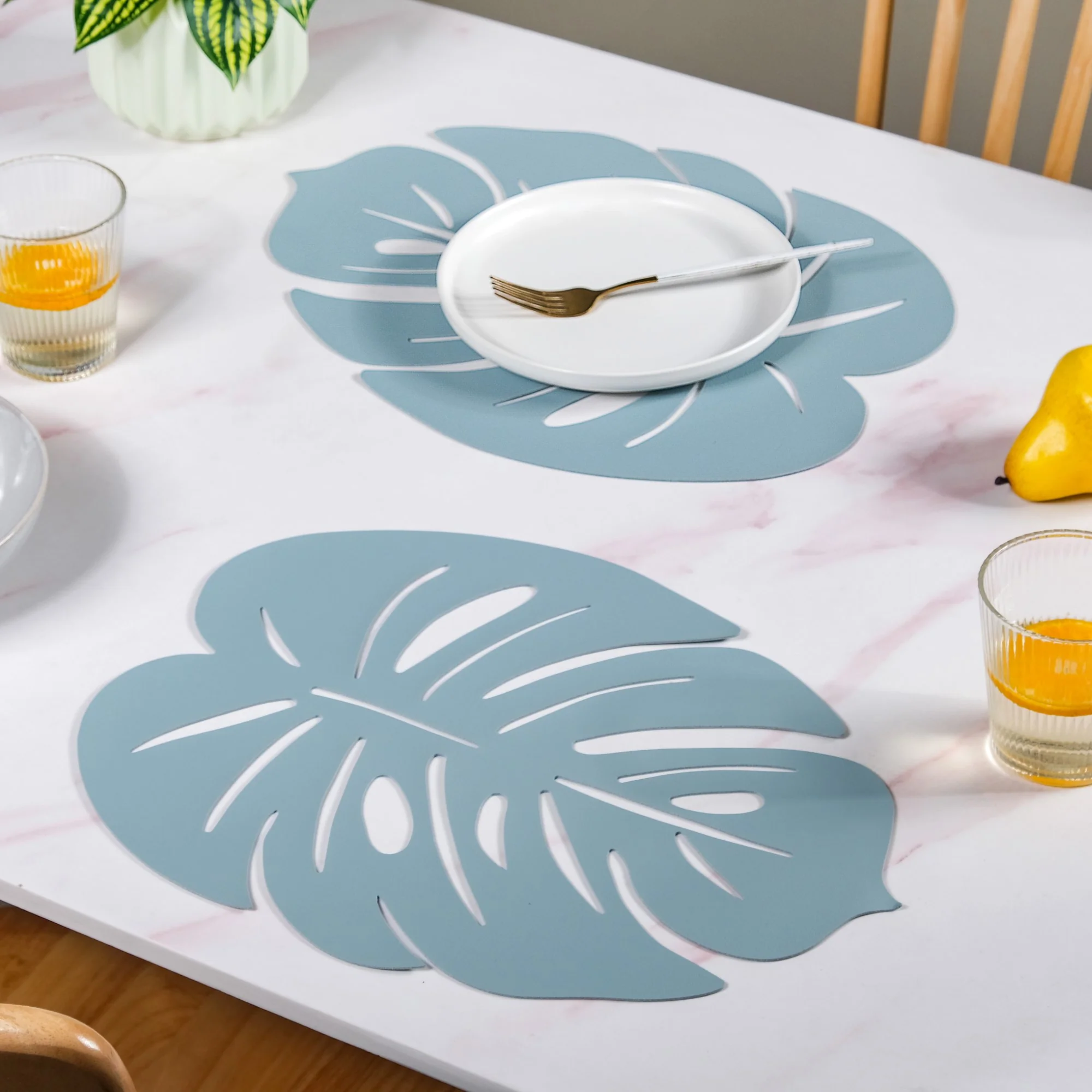Blue Laser Cut Monstera Leaf Table Mat Set Of 6 - Image 7