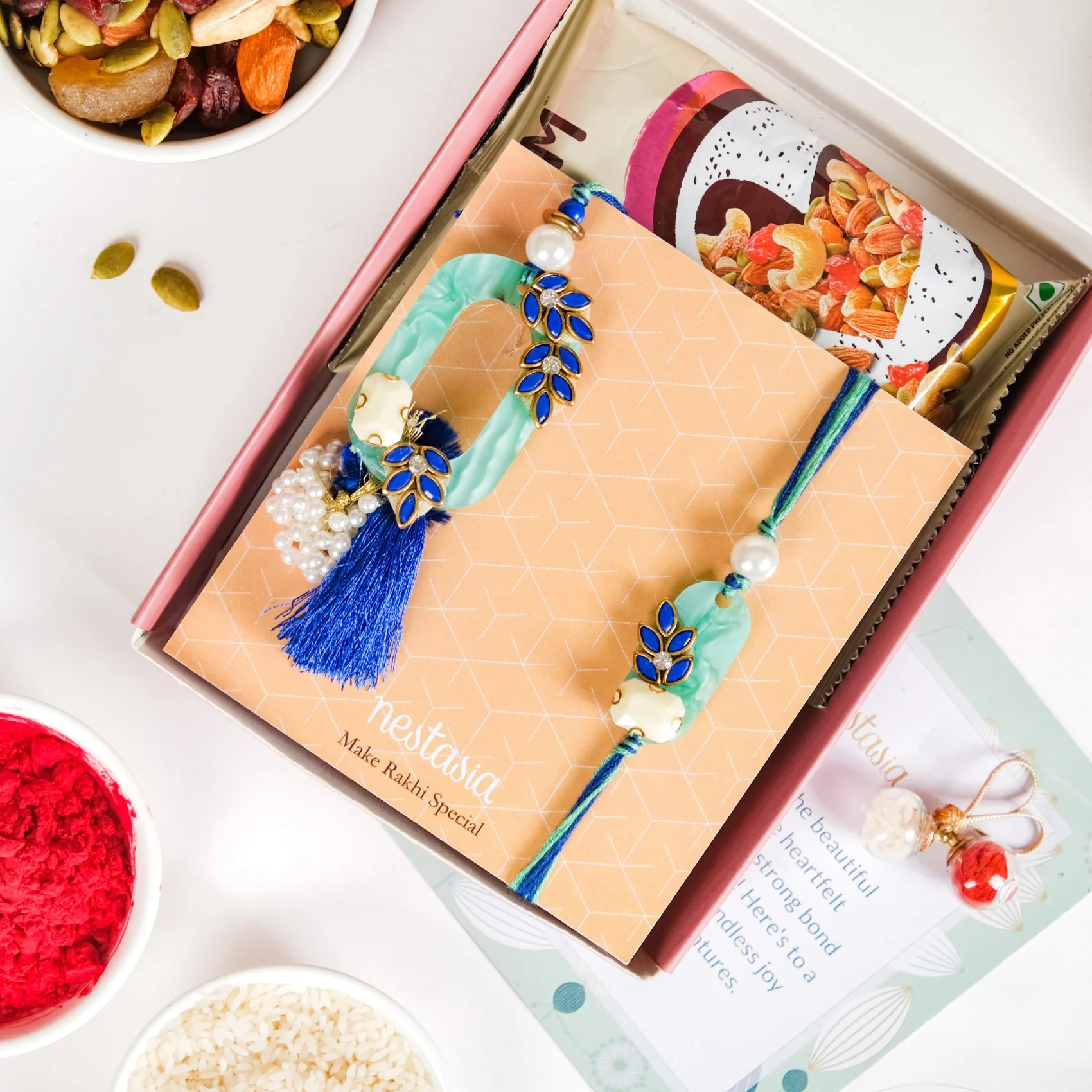Blue Leaf Motif Designer Rakhi Lumba Set Of 4 With Box And Card - Image 2