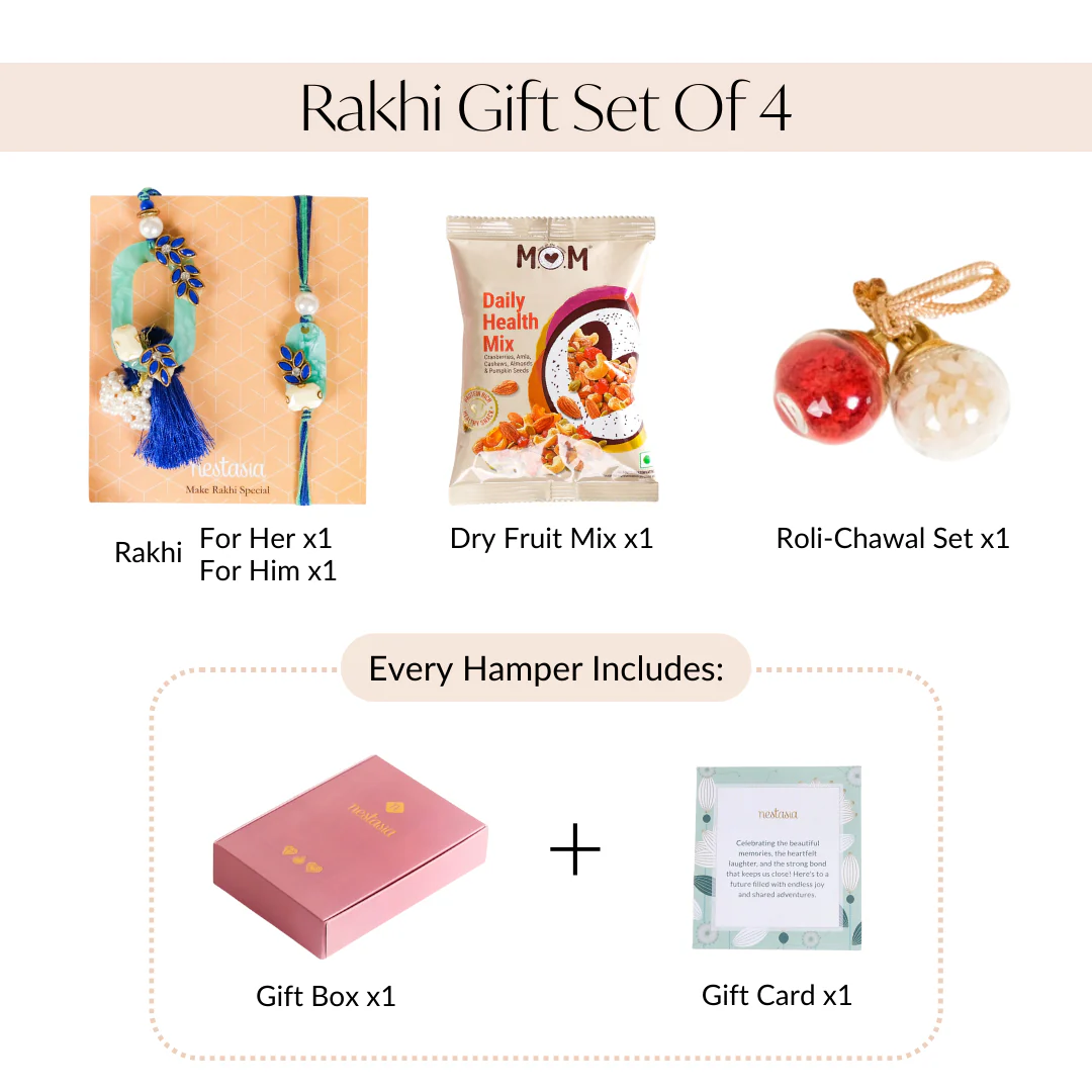 Blue Leaf Motif Designer Rakhi Lumba Set Of 4 With Box And Card - Image 7