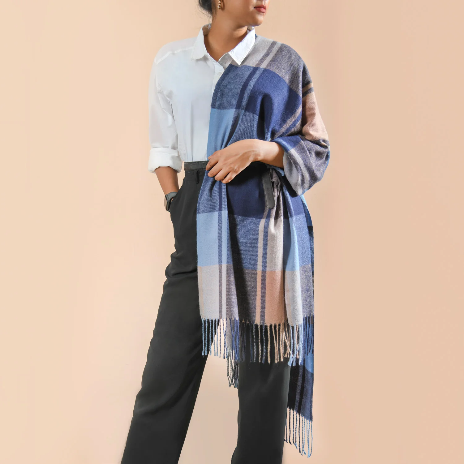 Blue Plaid Pattern Wool Scarf - Image 2