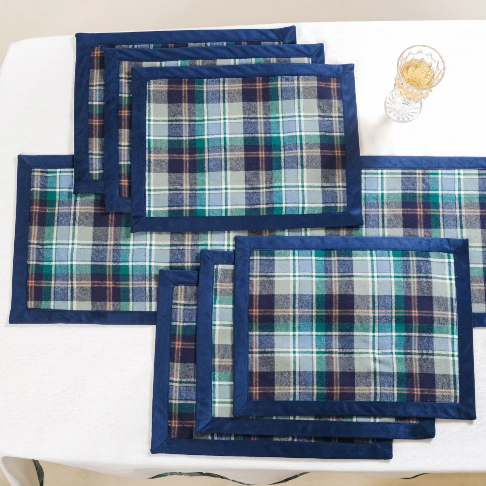 Blue Plaid Table Mat And Runner Set Of 7 - Image 3