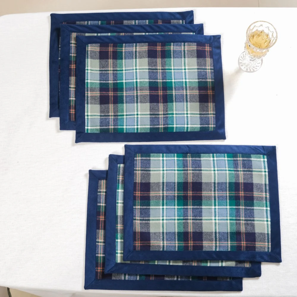 Blue Plaid Table Mat And Runner Set Of 7 - Image 4