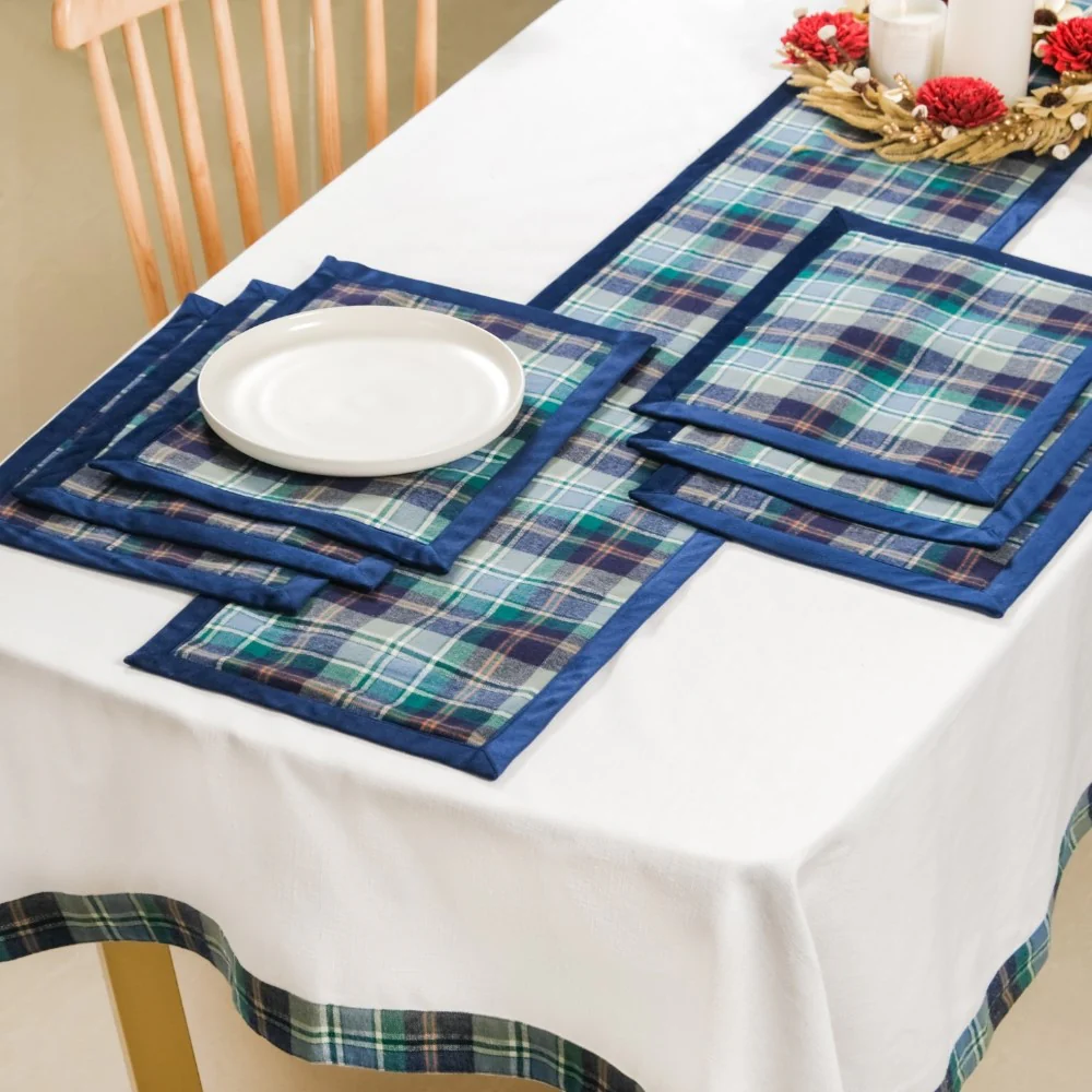 Blue Plaid Table Mat And Runner Set Of 7 - Image 8