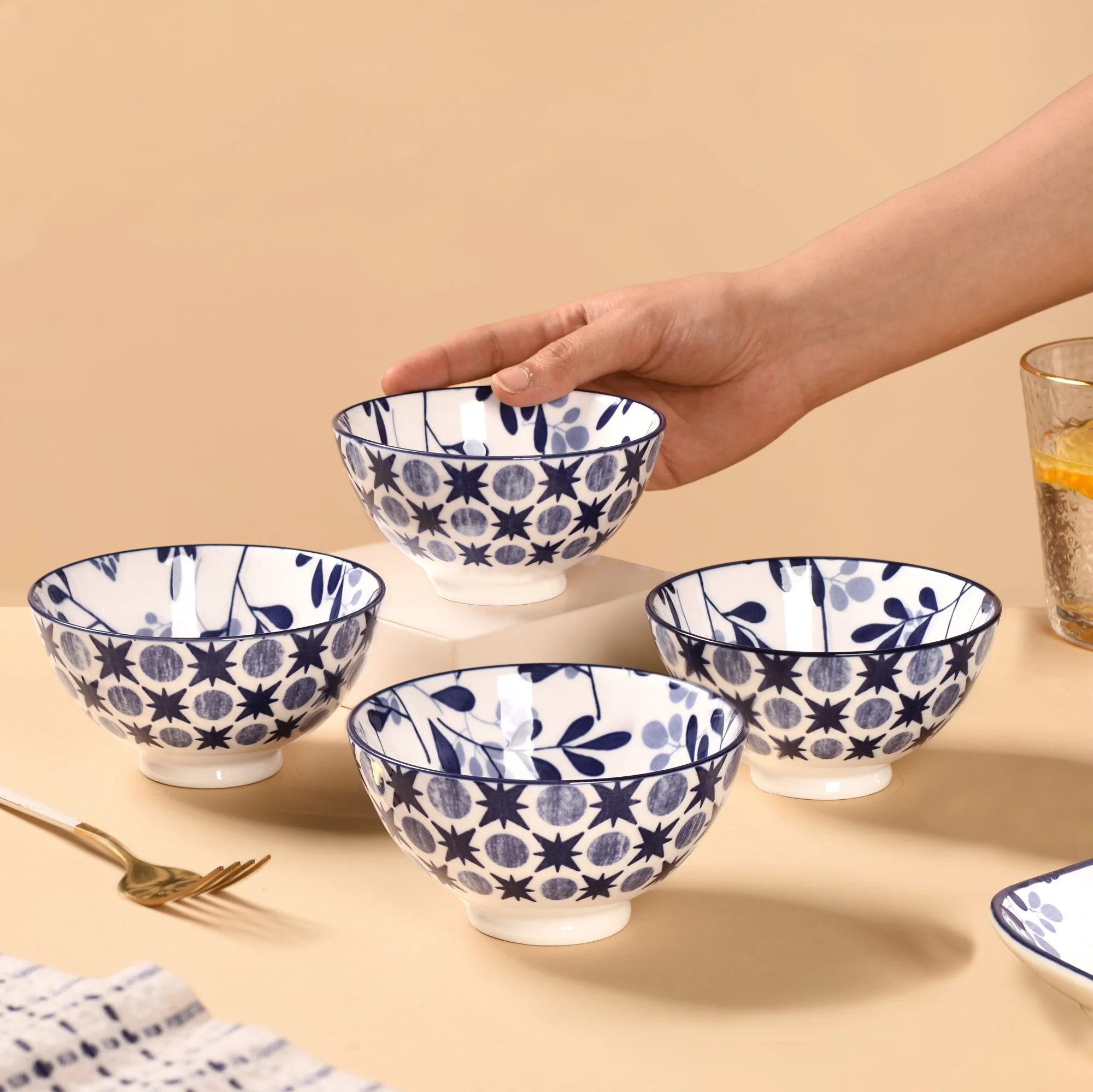 Blue Print Ceramic Snack Bowls Set Of 4 300ml - Image 3