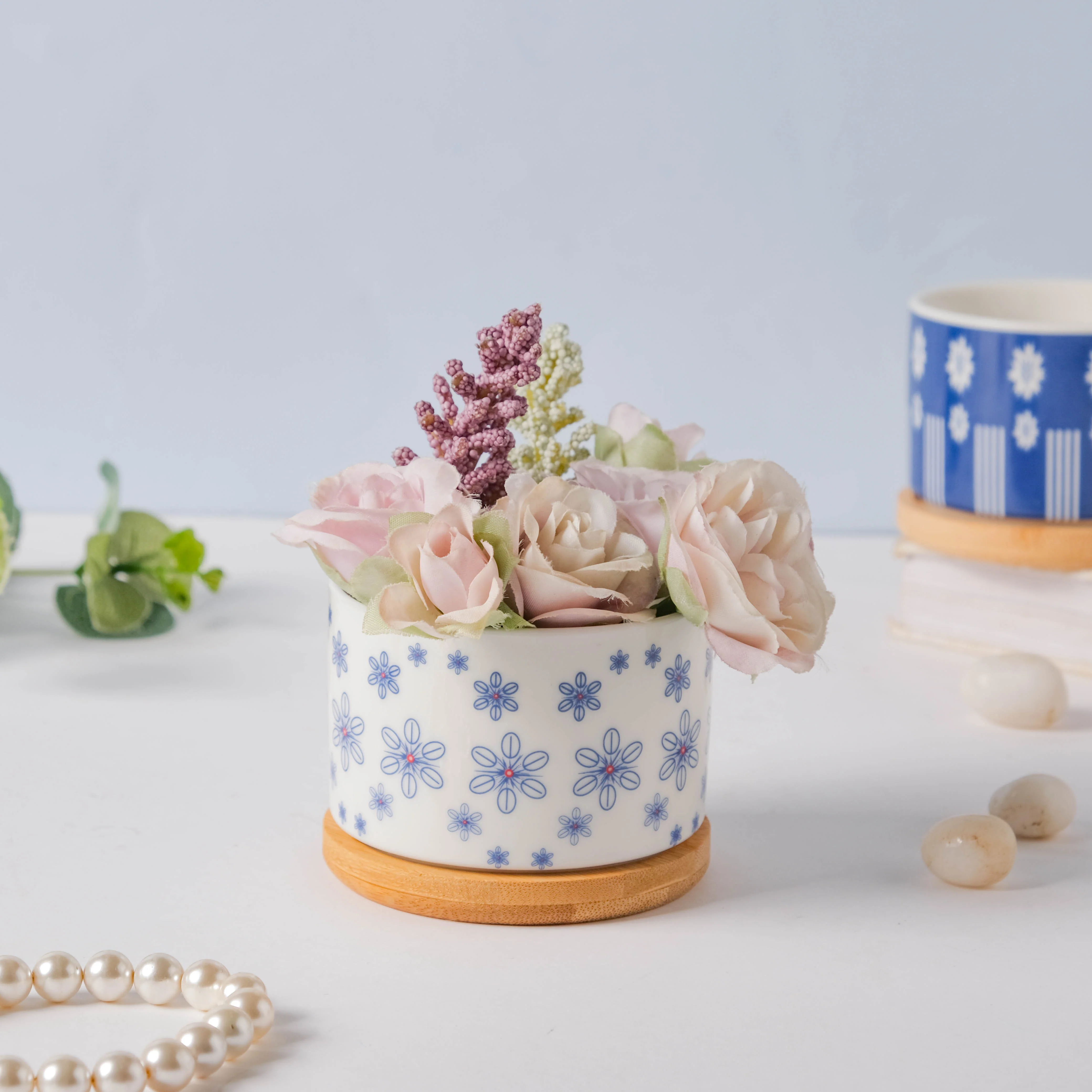 Blue Snowflake Japanese Planter And Wooden Coaster - Image 2