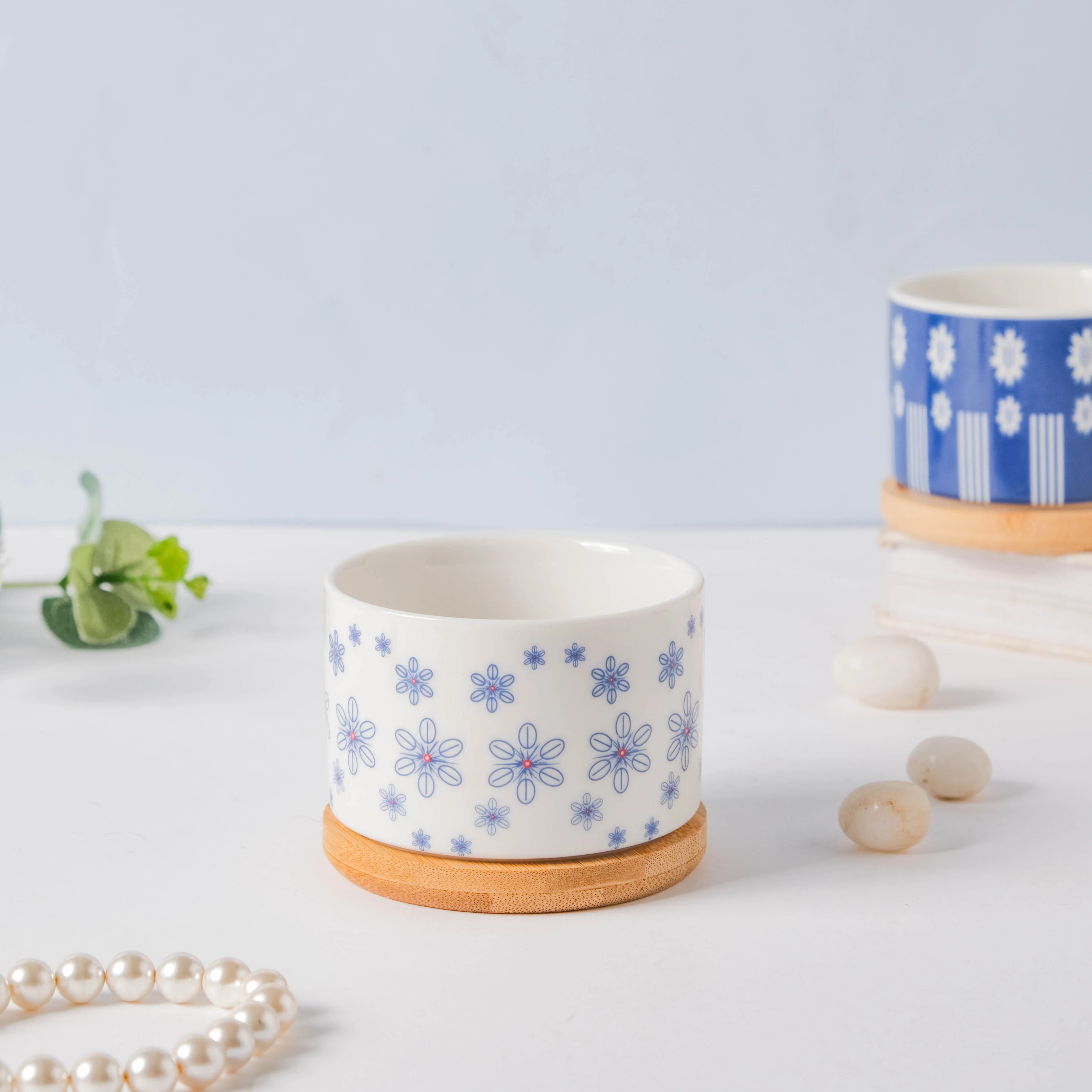 Blue Snowflake Japanese Planter And Wooden Coaster - Image 5