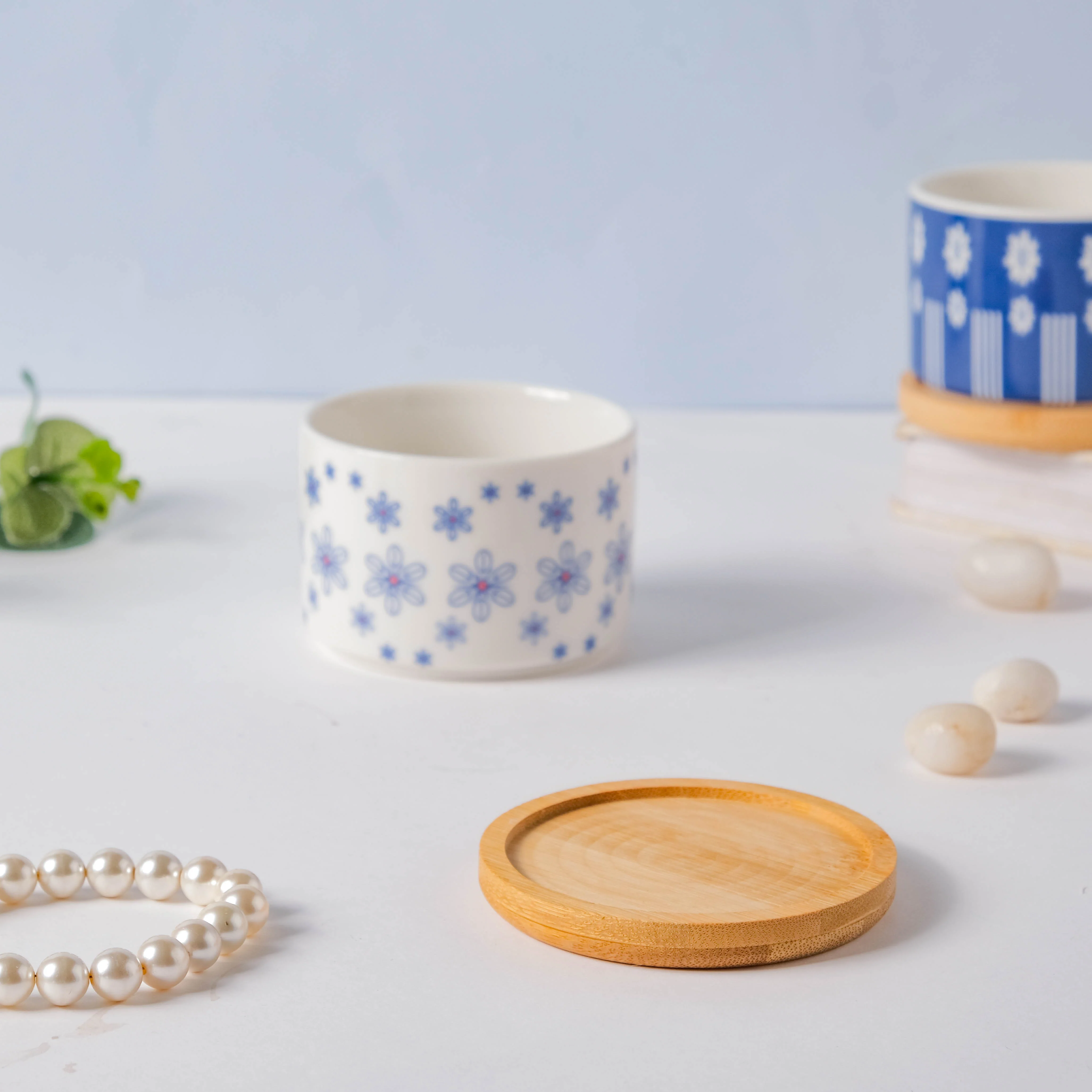 Blue Snowflake Japanese Planter And Wooden Coaster - Image 6