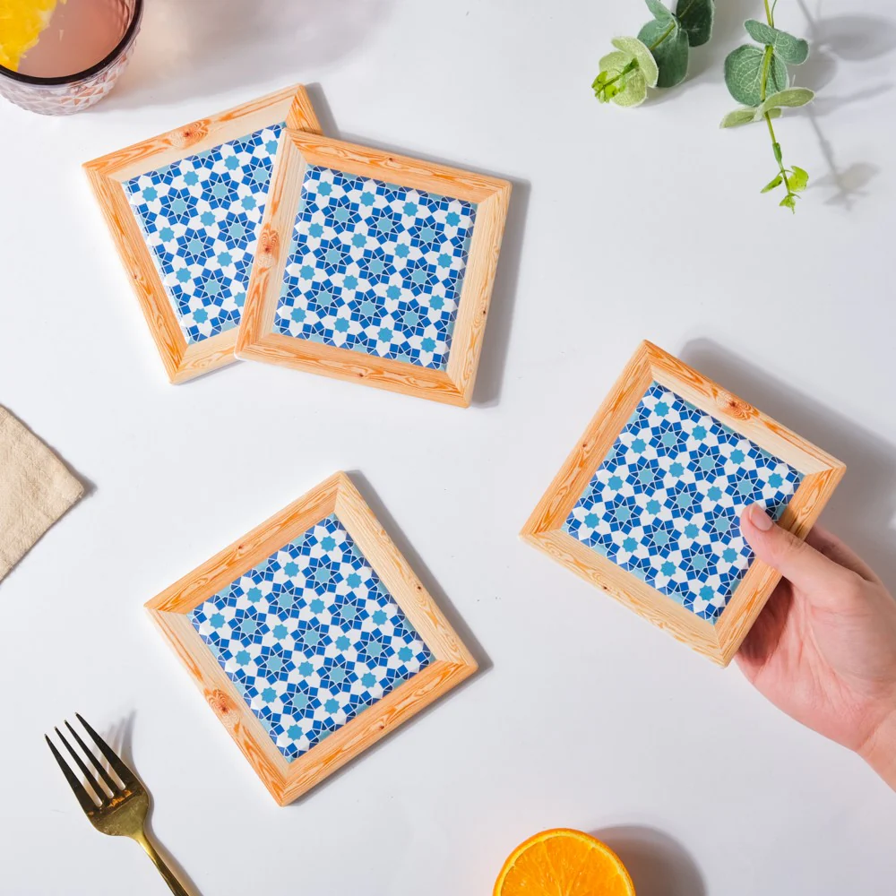 Blue Square Zellij Art Ceramic Coaster Set Of 4 - Image 2