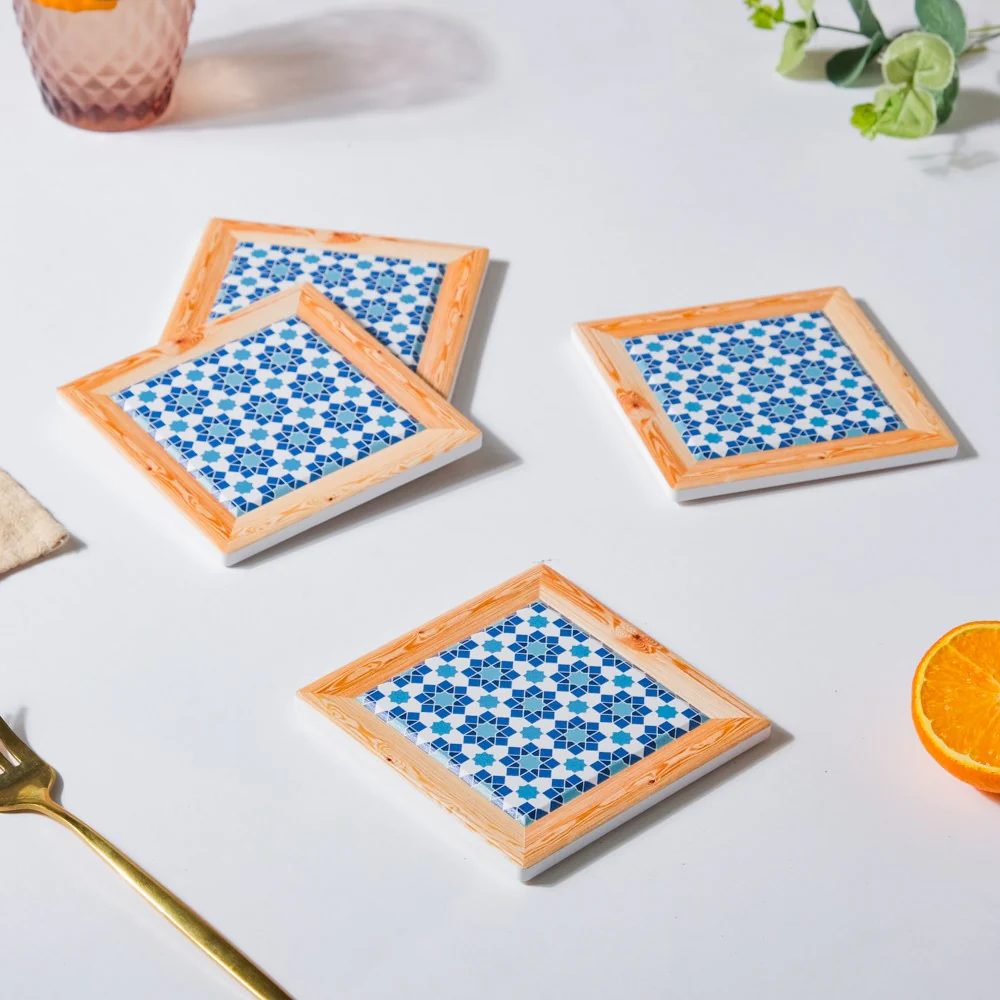 Blue Square Zellij Art Ceramic Coaster Set Of 4 - Image 3