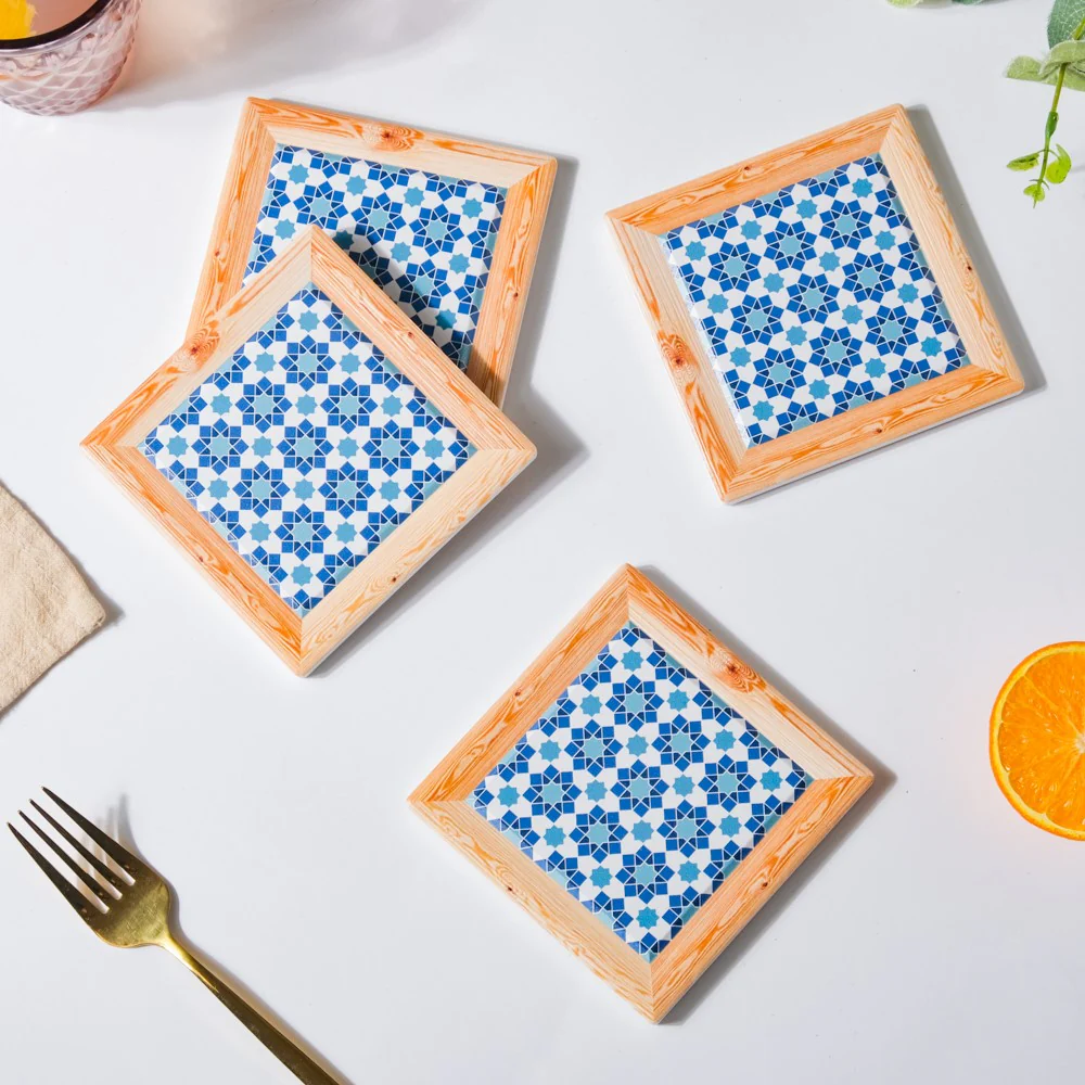 Blue Square Zellij Art Ceramic Coaster Set Of 4 - Image 4