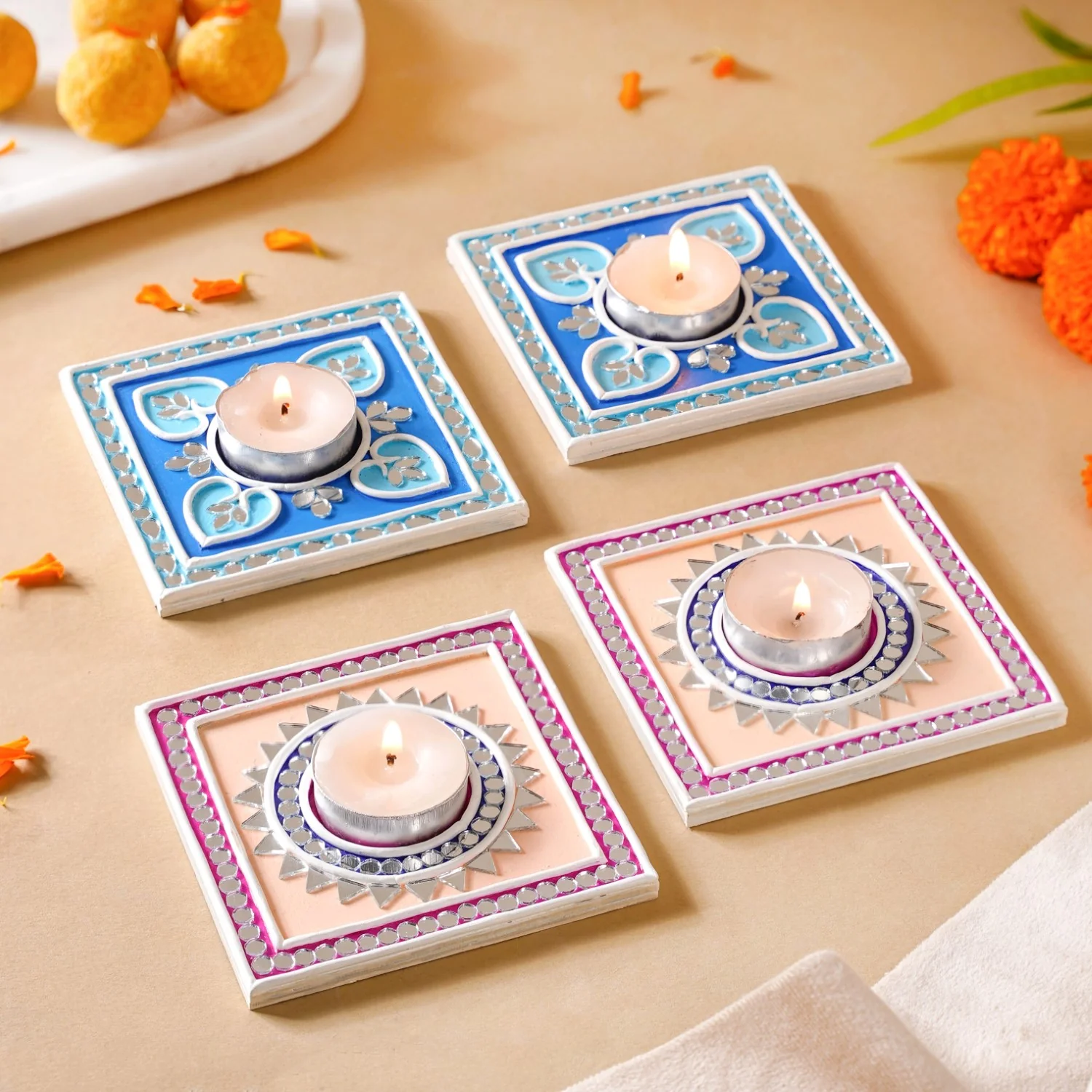 Blush Blue Mirror Work Tealight Candle Holder With Lippan Art Set Of 4 - Image 10