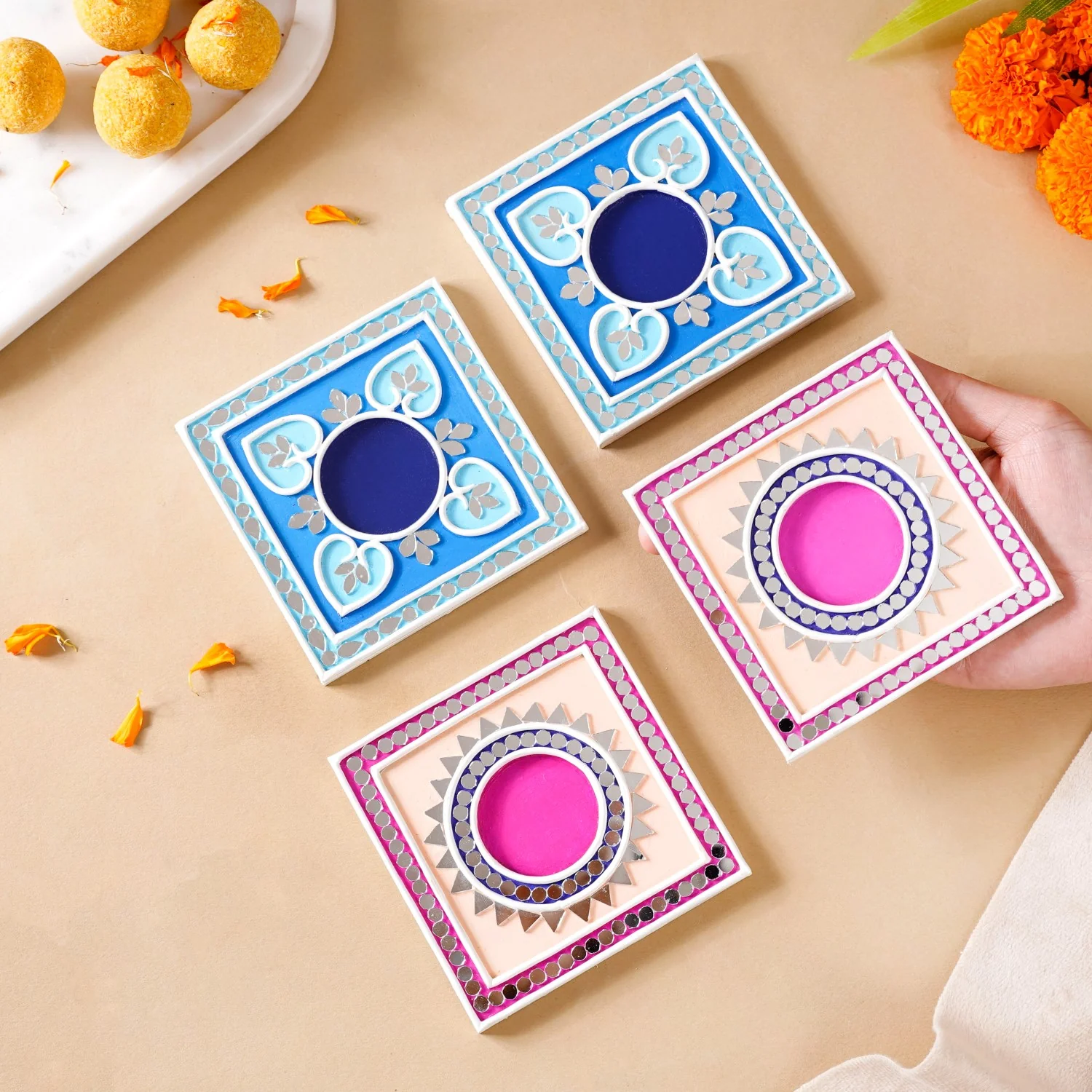 Blush Blue Mirror Work Tealight Candle Holder With Lippan Art Set Of 4 - Image 2