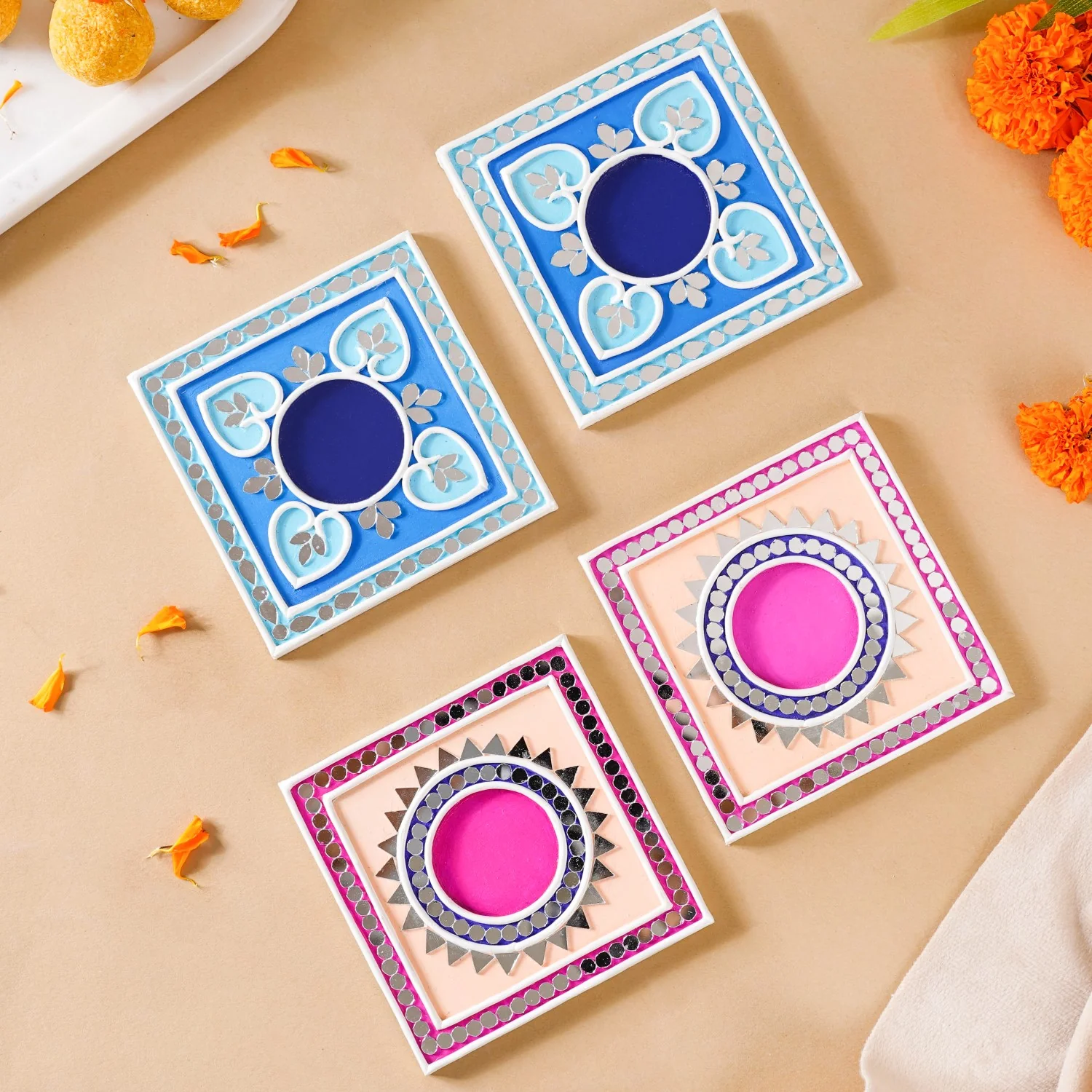 Blush Blue Mirror Work Tealight Candle Holder With Lippan Art Set Of 4 - Image 3