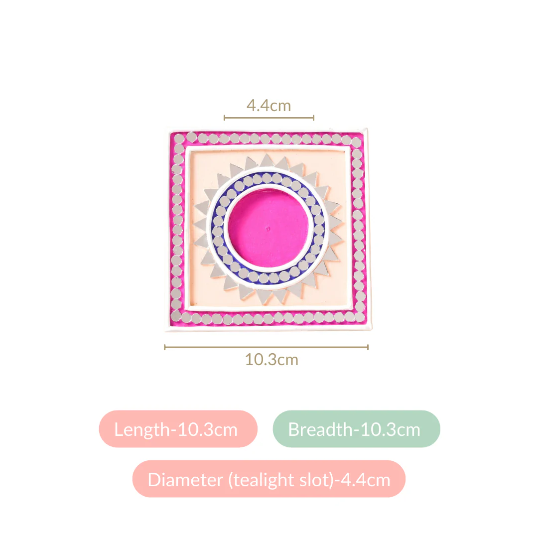 Blush Blue Mirror Work Tealight Candle Holder With Lippan Art Set Of 4 - Image 4