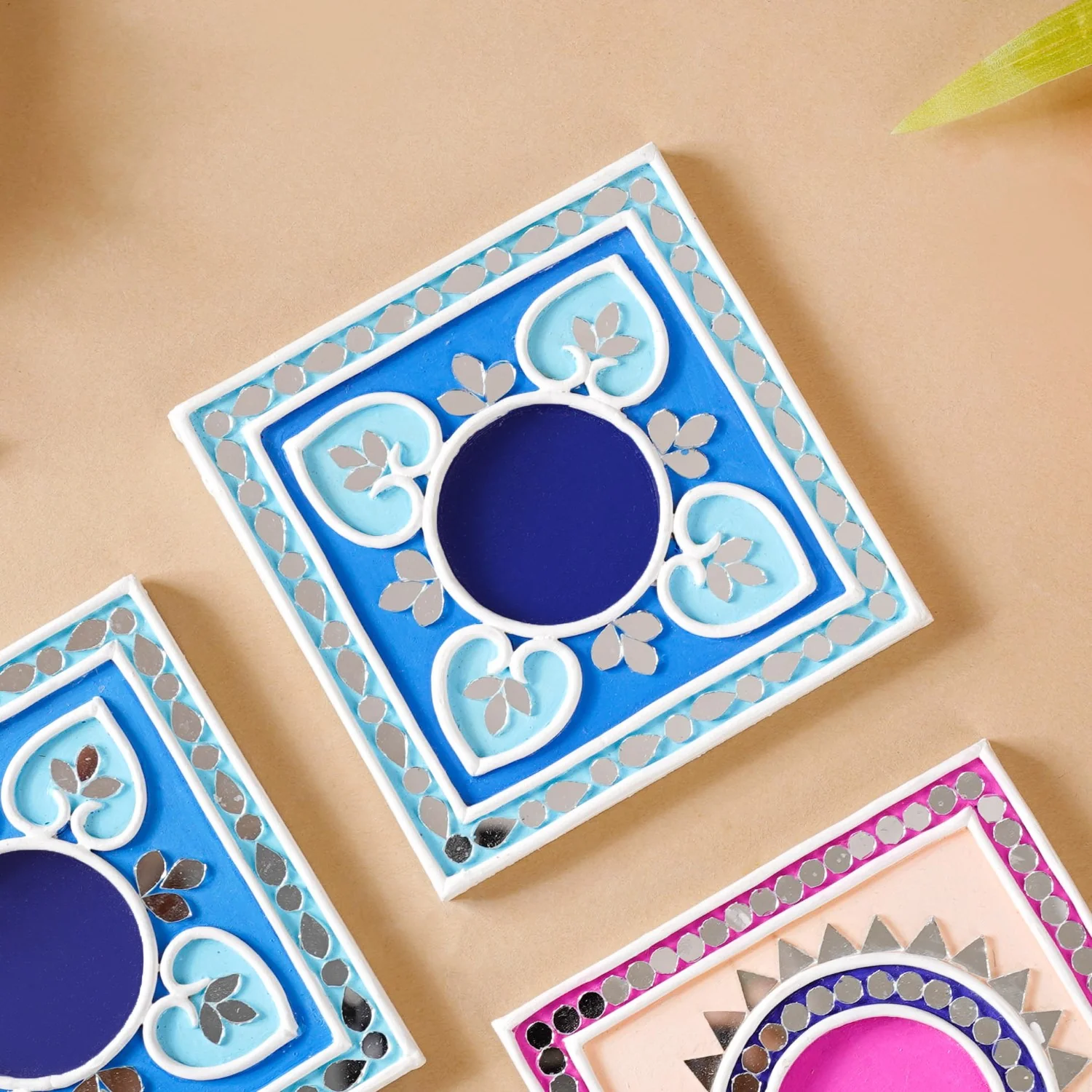 Blush Blue Mirror Work Tealight Candle Holder With Lippan Art Set Of 4 - Image 7