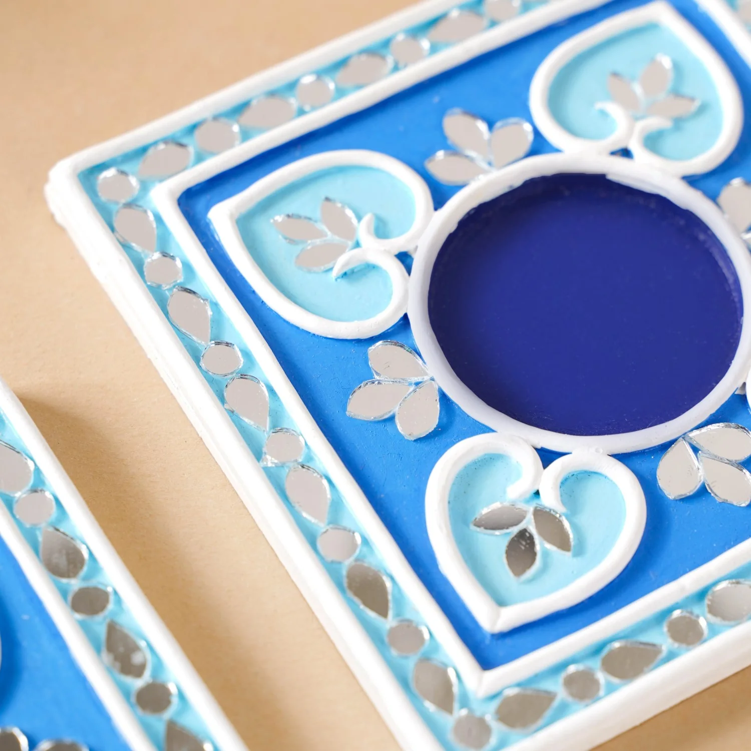 Blush Blue Mirror Work Tealight Candle Holder With Lippan Art Set Of 4 - Image 9