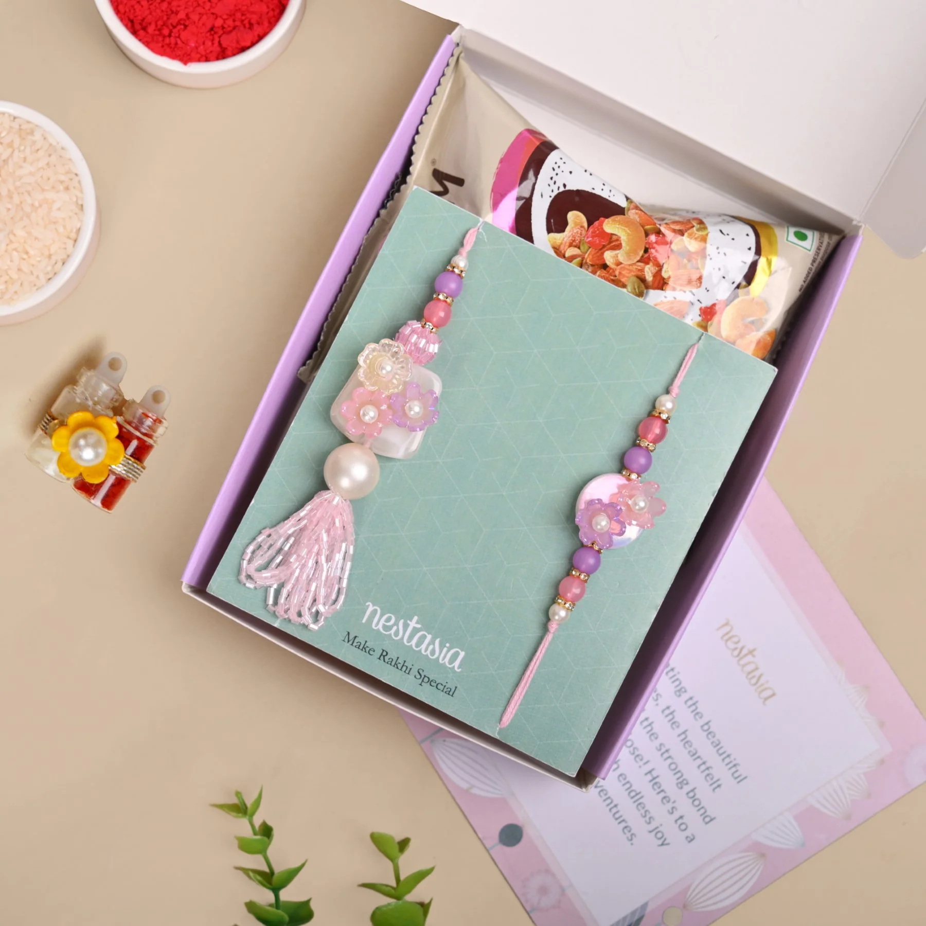 Blush Pink Floral Rakhi Lumba Set - Image 3