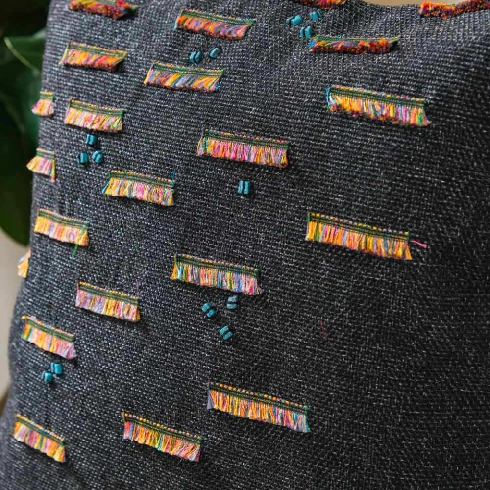 Boho Threadwork Beaded Jute Cushion Cover Black 16 x 16 Inch - Image 4