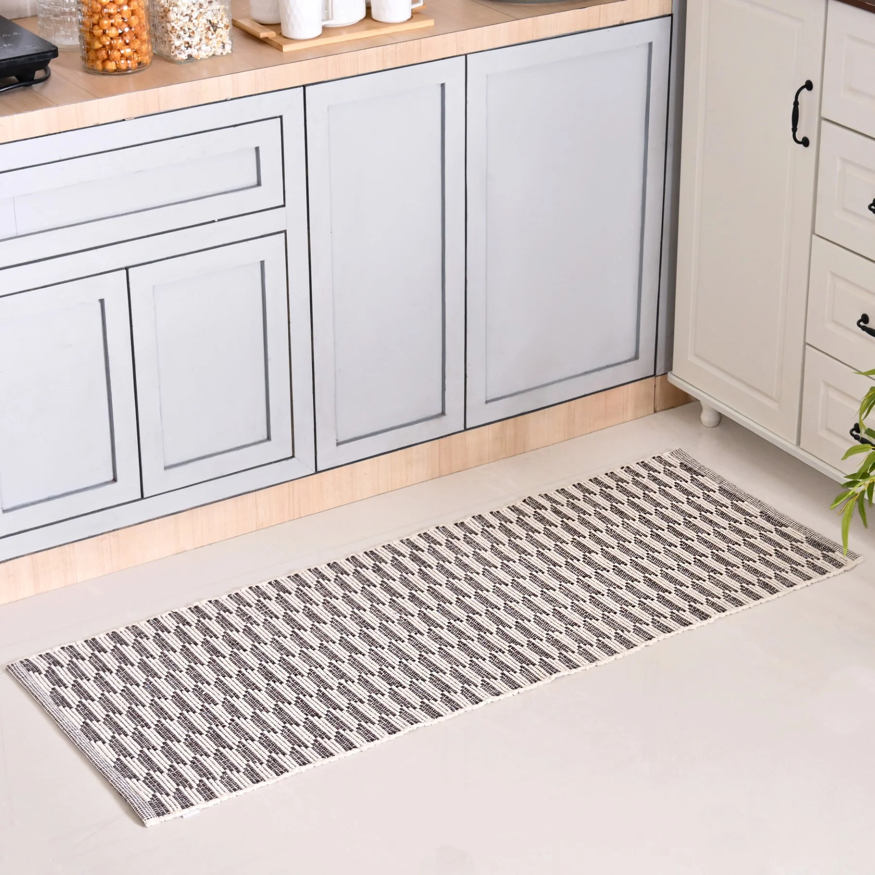 Boho Weave Floor Runner Cotton Mat Brown White 134x50cm