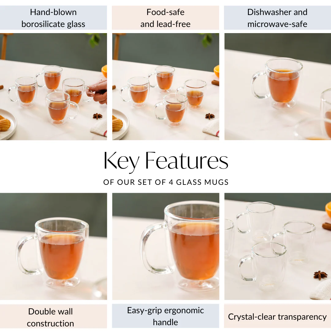 Borosilicate Double Wall Glass Tea Mug Set Of 4 180ml - Image 5