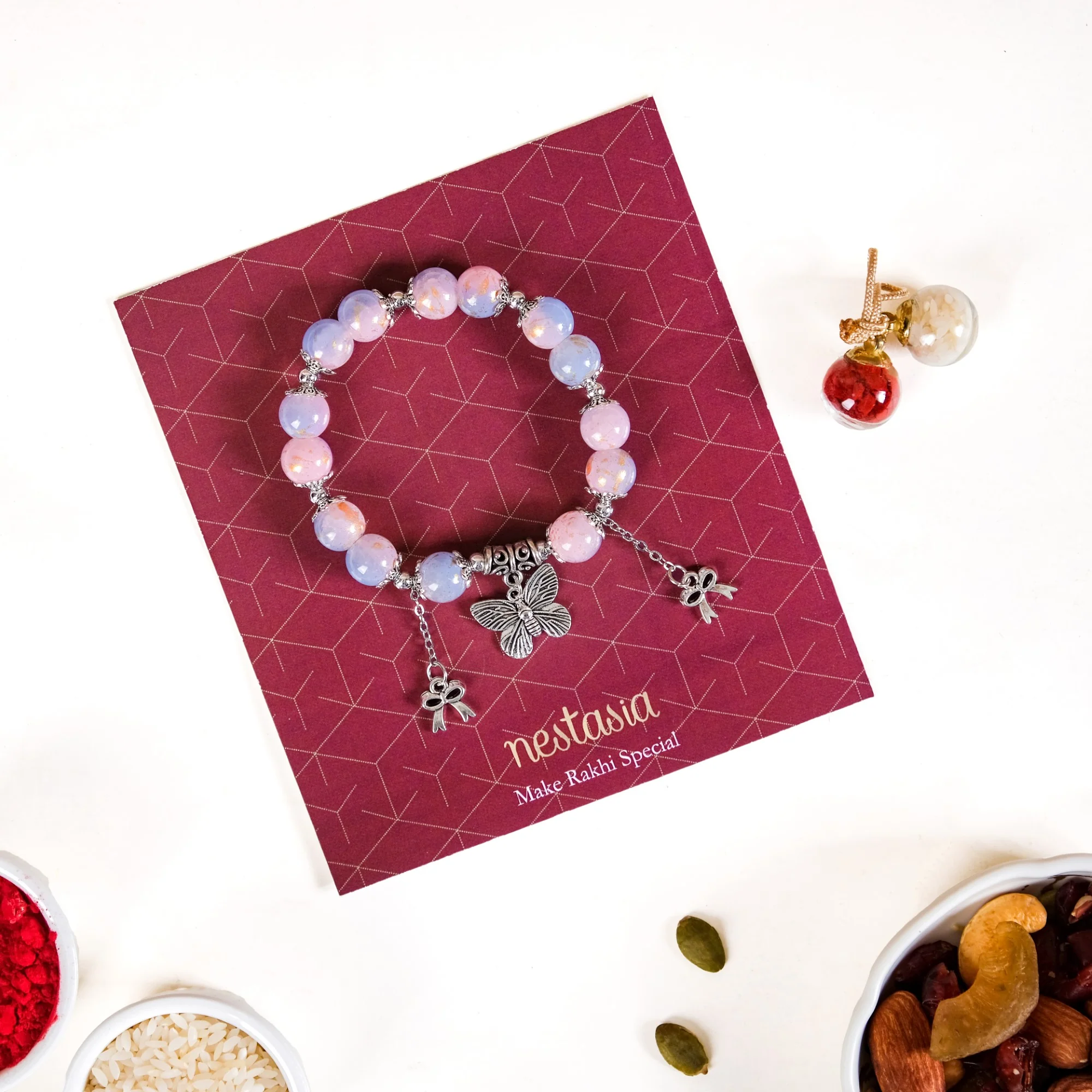 Bow Butterfly Charm Bracelet Rakhi Set Of 3 With Gift Box And Card - Image 5