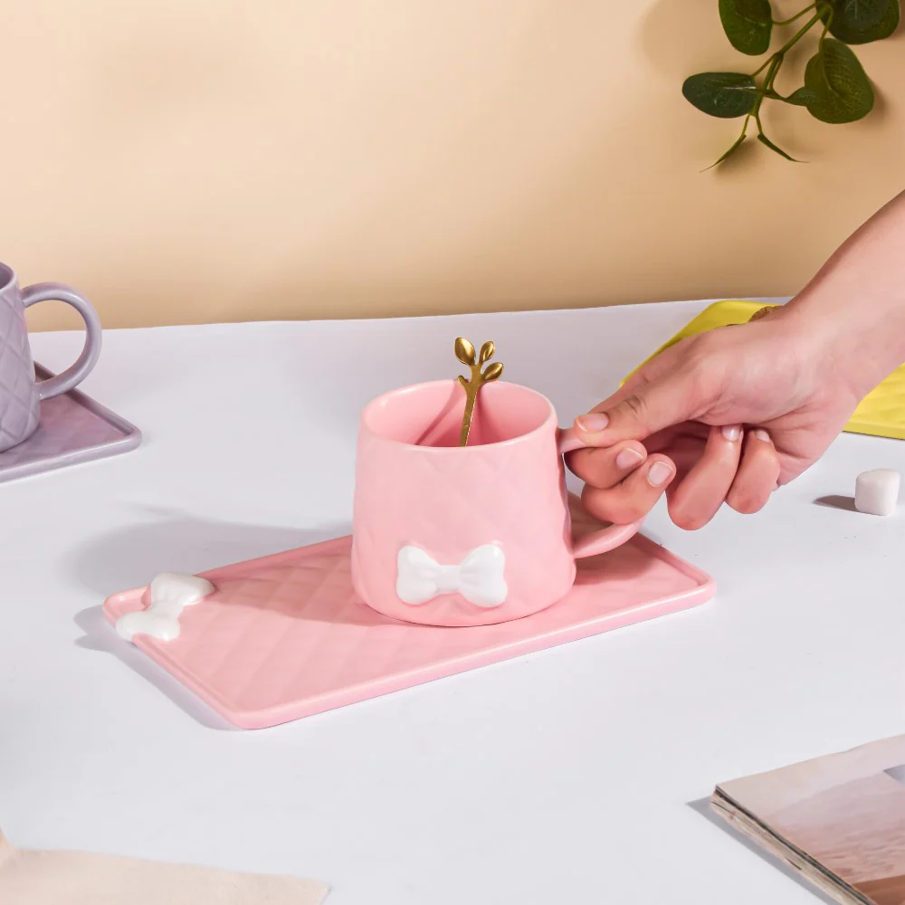 Bow Cup With Rectangular Plate Pink 260 ml - Image 2
