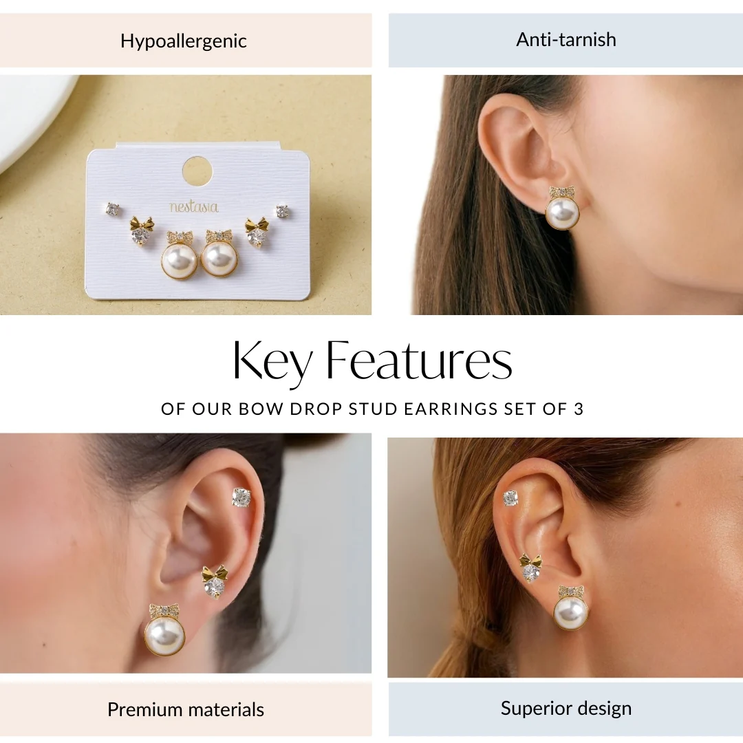 Bow Drop Stud Earrings Set Of 3 - Image 4