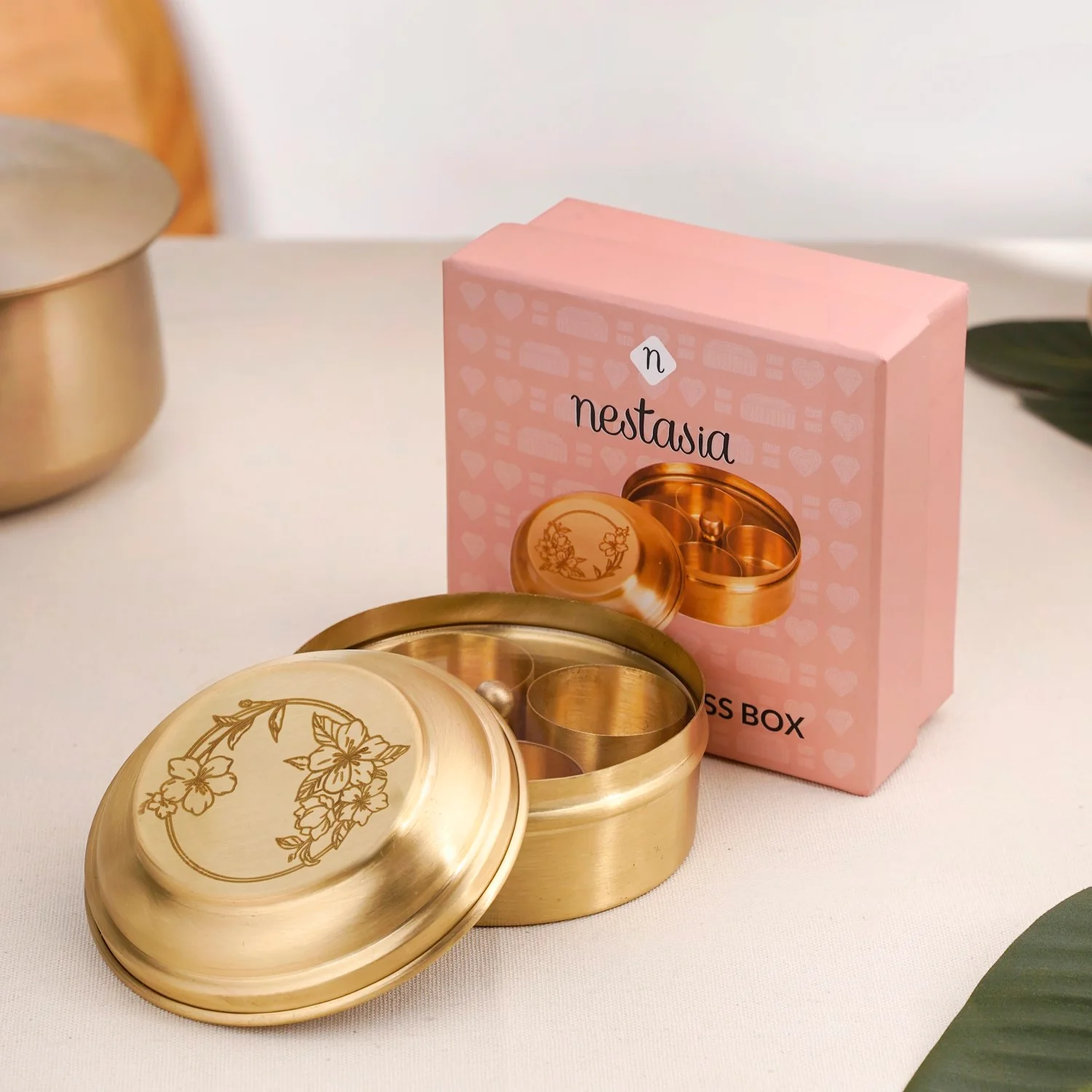 Brass Hibiscus Mukhwas Box with Lid – Traditional Spice Storage Container - Image 2