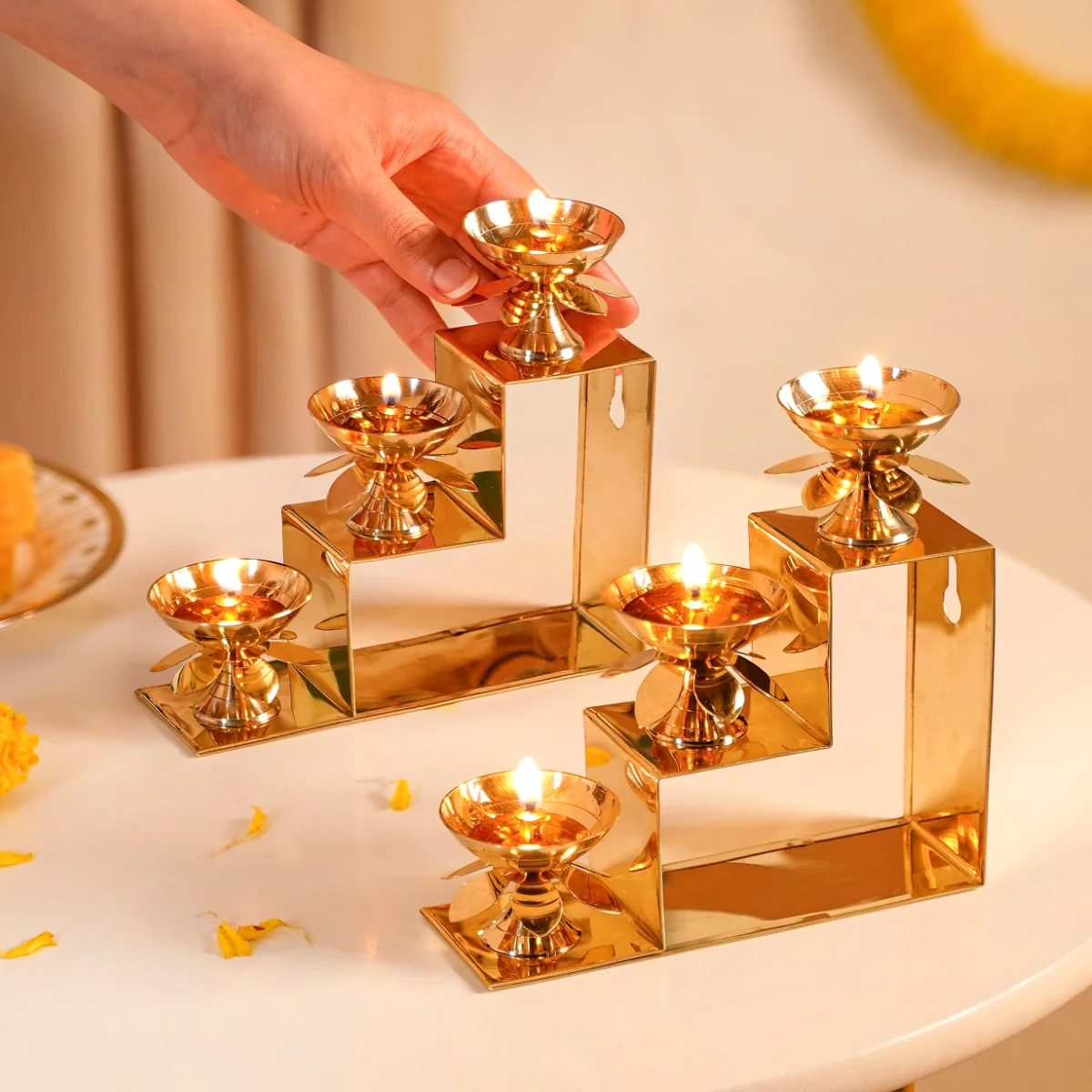 Brass Step Decorative Flower Diya Stand Set Of 2 Gold - Image 2