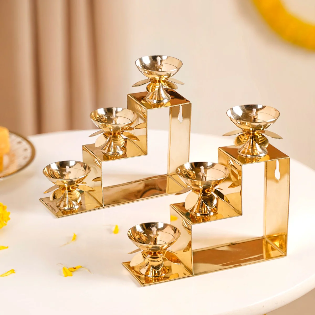 Brass Step Decorative Flower Diya Stand Set Of 2 Gold - Image 3
