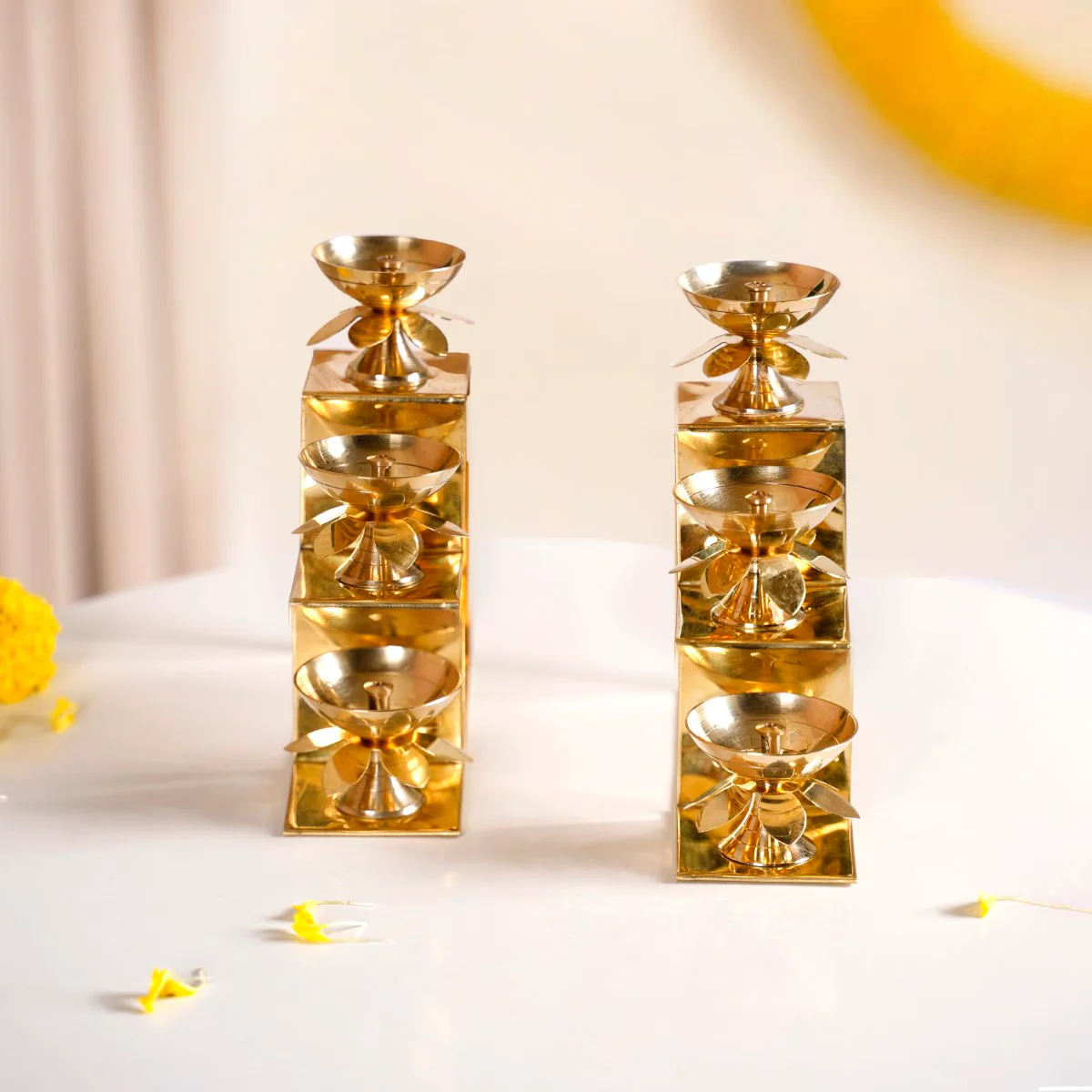 Brass Step Decorative Flower Diya Stand Set Of 2 Gold - Image 4